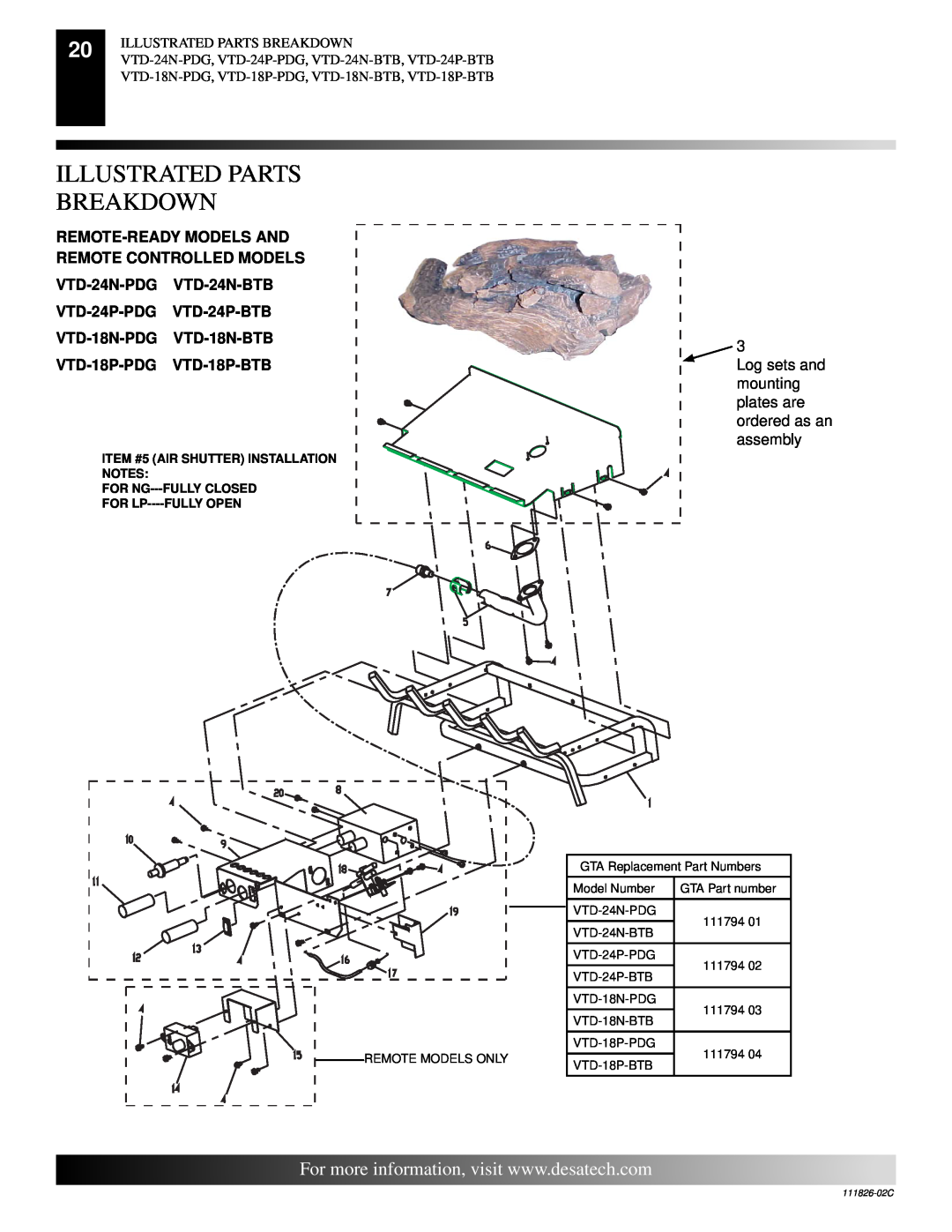Desa VTD-24N-PDG, VTD-24N-BTB, VTD-18P-PDG Illustrated Parts Breakdown, ITEM #5 AIR SHUTTER INSTALLATION NOTES, 111826-02C 