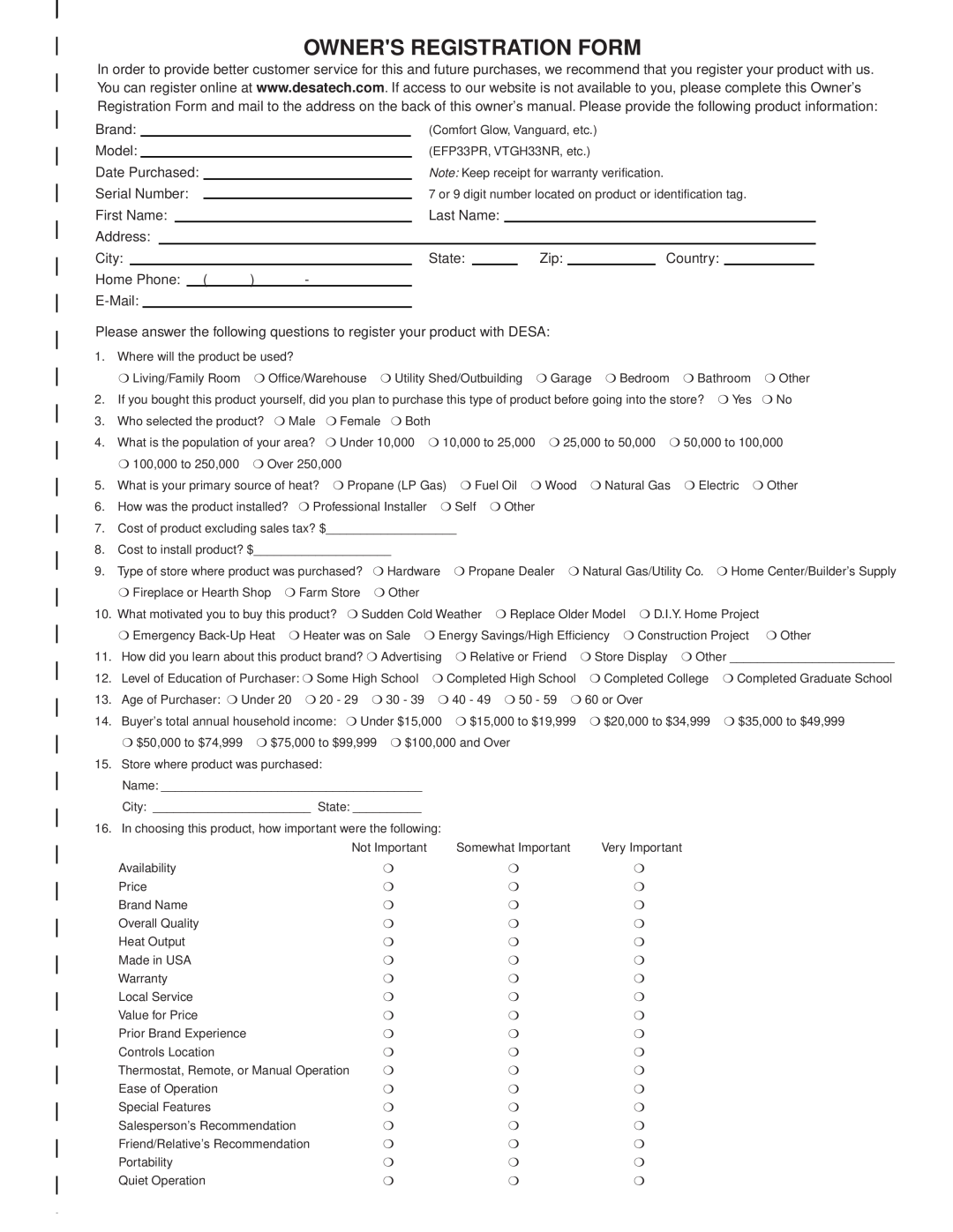 Desa VTD-24N-PDG, VTD-24N-BTB, VTD-18P-PDG installation manual Owners Registration Form 
