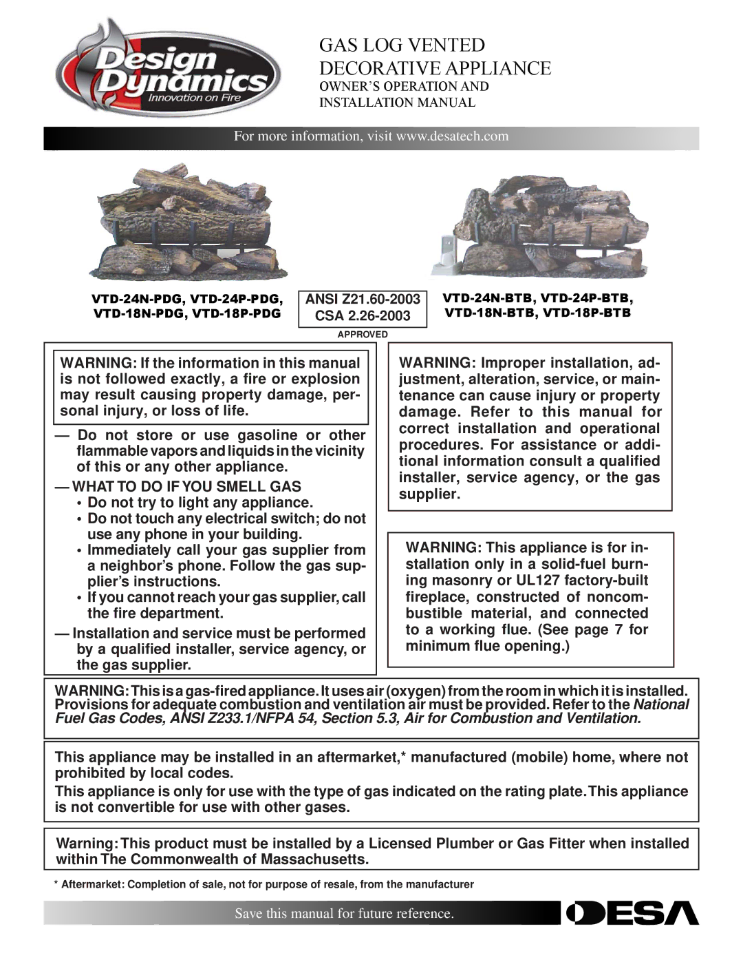 Desa VTD-24P-BTB, VTD-24P-PDG, VTD-18N-PDG installation manual What to do if YOU Smell GAS, Ansi Z21.60-2003 CSA 