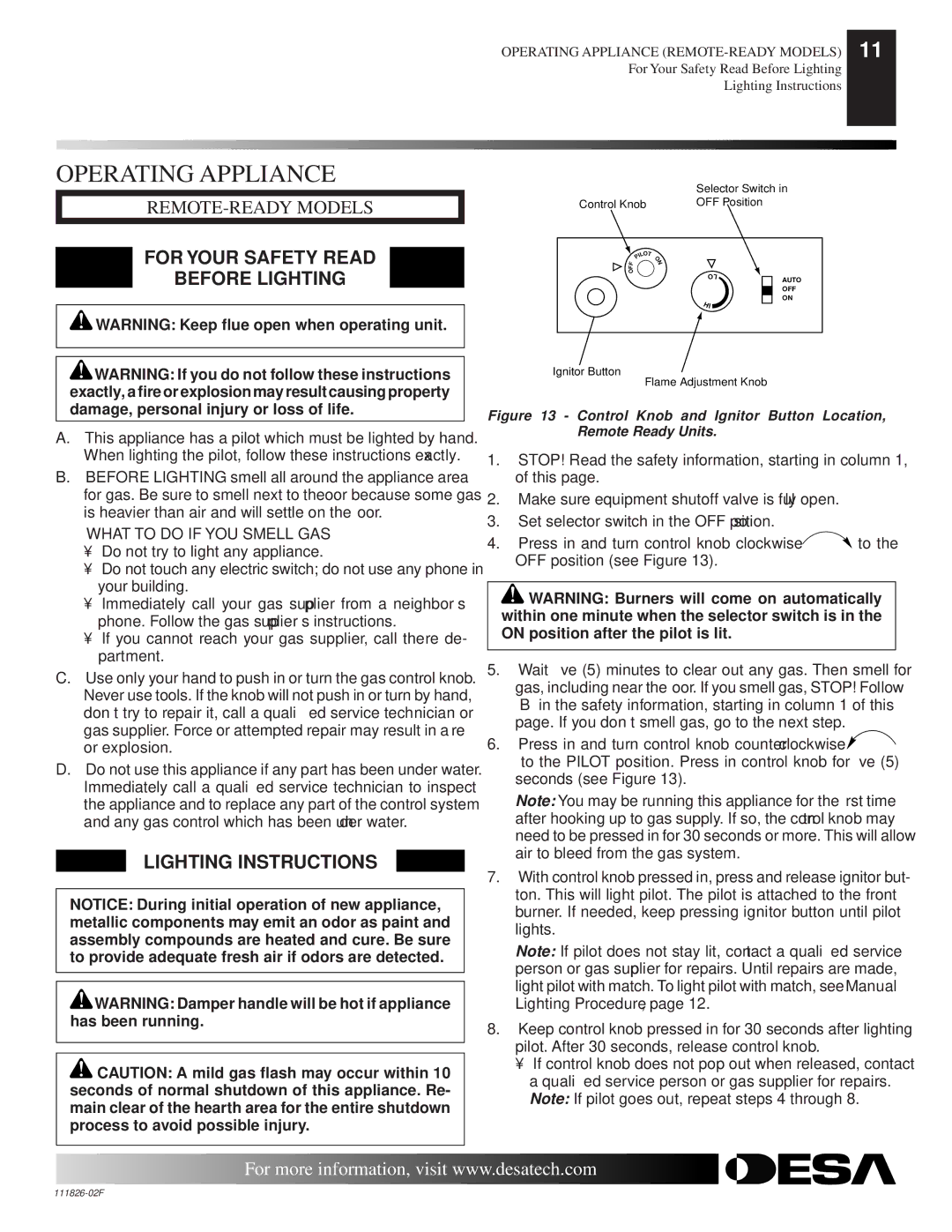 Desa VTD-24P-BTB, VTD-24P-PDG, VTD-18N-PDG Operating Appliance, For Your Safety Read Before Lighting, Lighting Instructions 