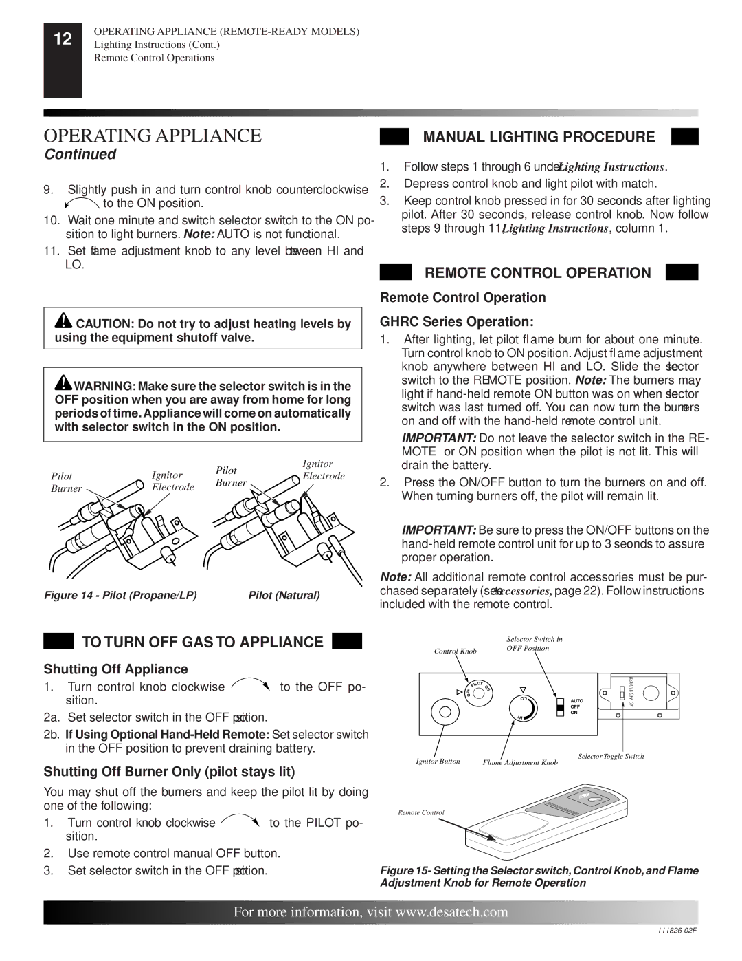 Desa VTD-18N-PDG, VTD-24P-PDG To Turn OFF GAS to Appliance, Manual Lighting Procedure, Remote Control Operation 