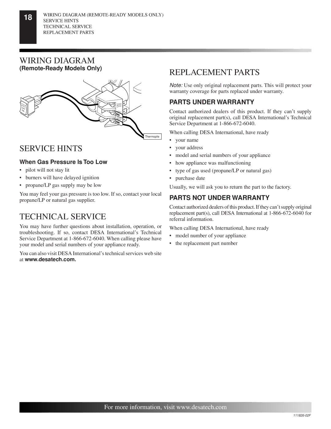 Desa VTD-18N-BTB, VTD-24P-PDG, VTD-24P-BTB, VTD-18N-PDG Wiring Diagram, Replacement Parts, Service Hints, Technical Service 