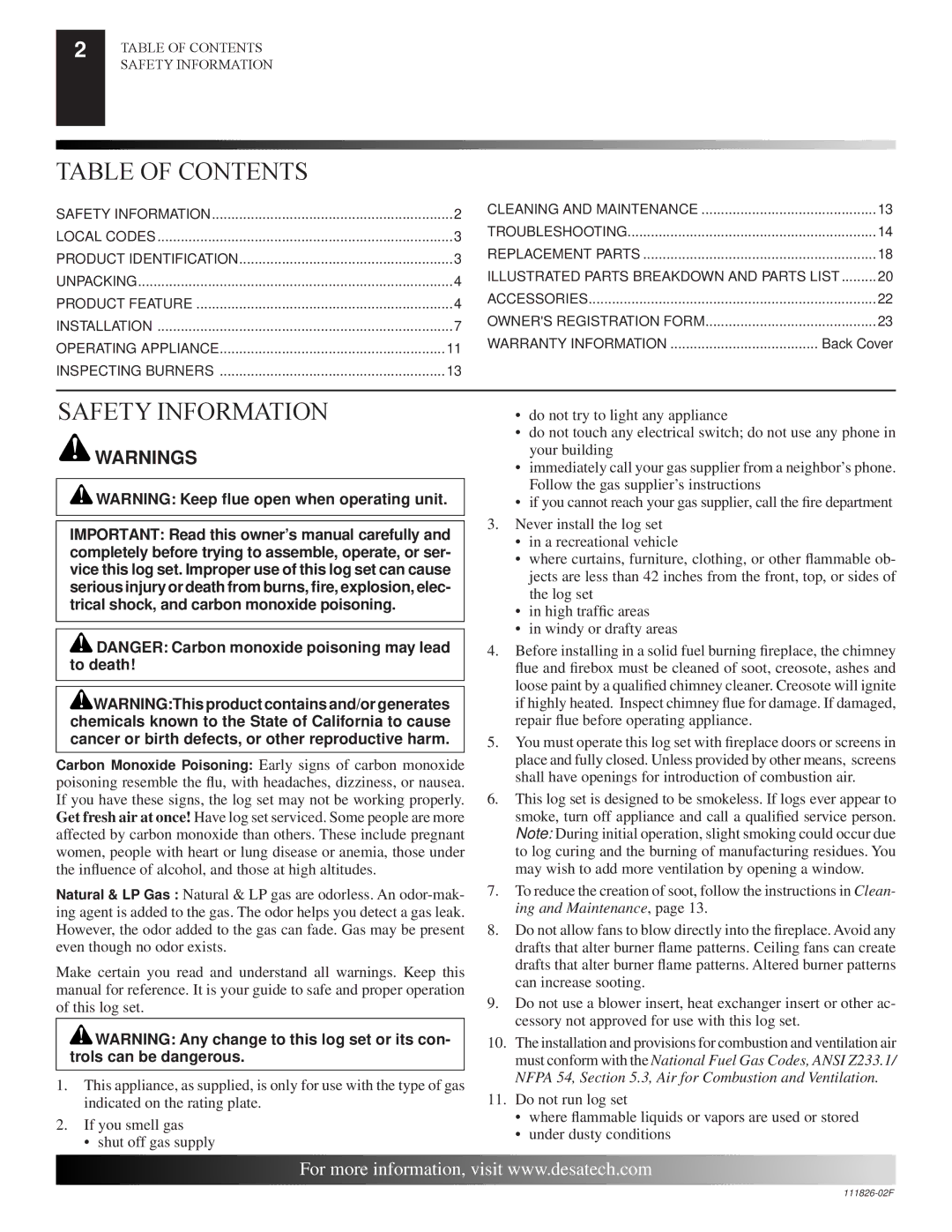 Desa VTD-18N-PDG, VTD-24P-PDG, VTD-24P-BTB, VTD-18N-BTB, VTD-18P-BTB installation manual Table of Contents, Safety Information 