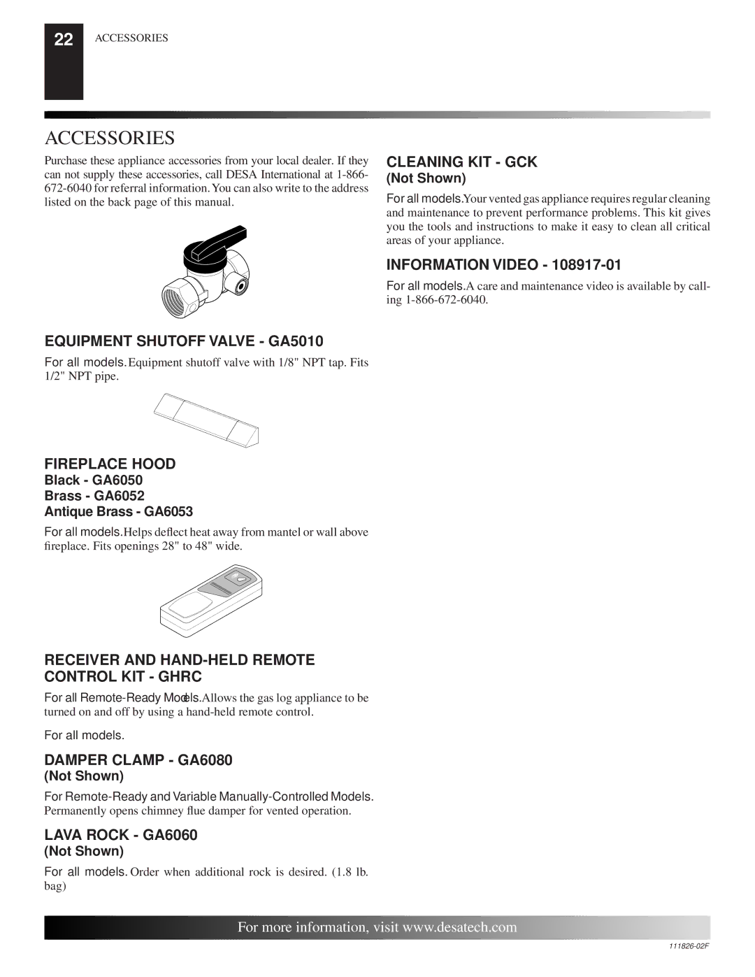 Desa VTD-18N-PDG, VTD-24P-PDG, VTD-24P-BTB, VTD-18N-BTB, VTD-18P-BTB installation manual Accessories 