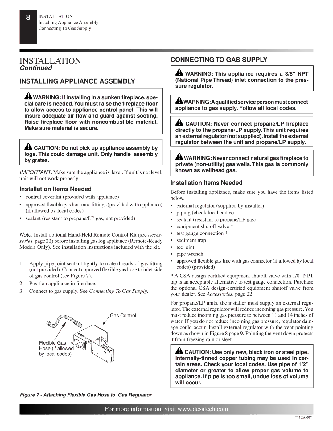 Desa VTD-18N-BTB, VTD-24P-PDG Installing Appliance Assembly, Connecting to GAS Supply, Installation Items Needed 