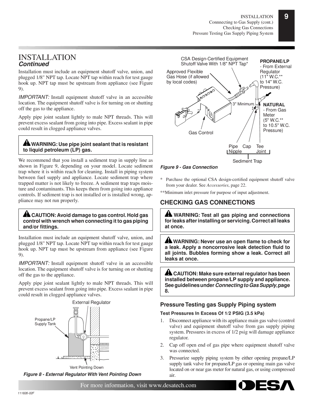 Desa VTD-18P-BTB, VTD-24P-PDG, VTD-24P-BTB, VTD-18N-PDG Checking GAS Connections, Pressure Testing gas Supply Piping system 