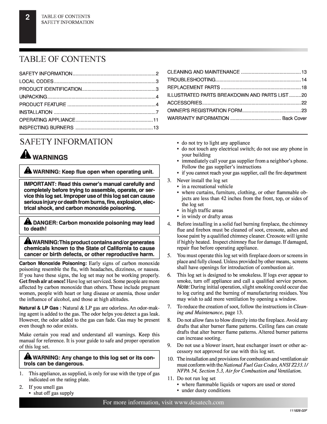 Desa VTD-18N-PDG, VTD-24P-PDG, VTD-24P-BTB, VTD-18N-BTB, VTD-18P-BTB Table Of Contents, Safety Information, Warnings 