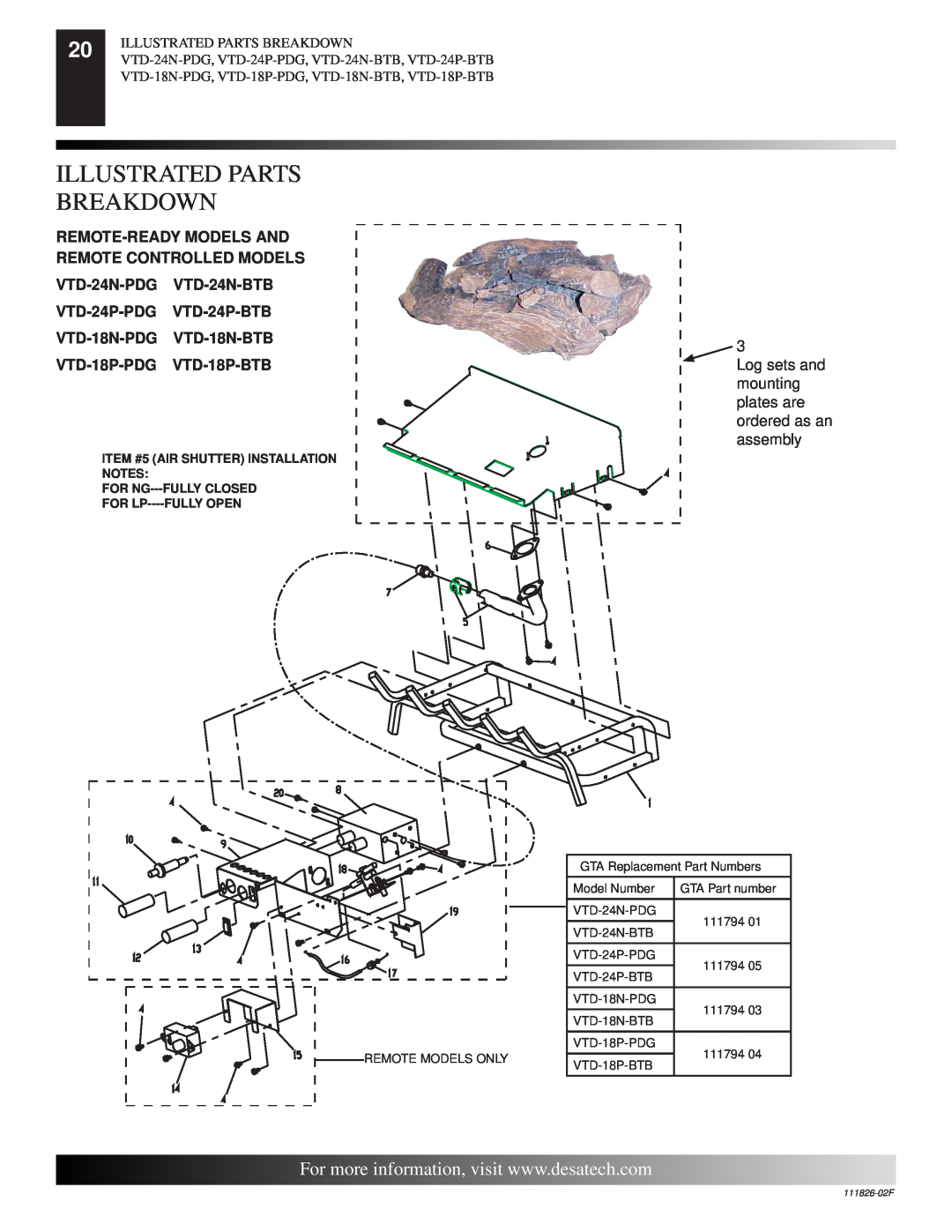 Desa VTD-24P-PDG, VTD-24P-BTB, VTD-18N-PDG Illustrated Parts Breakdown, ITEM #5 AIR SHUTTER INSTALLATION NOTES, 111826-02F 