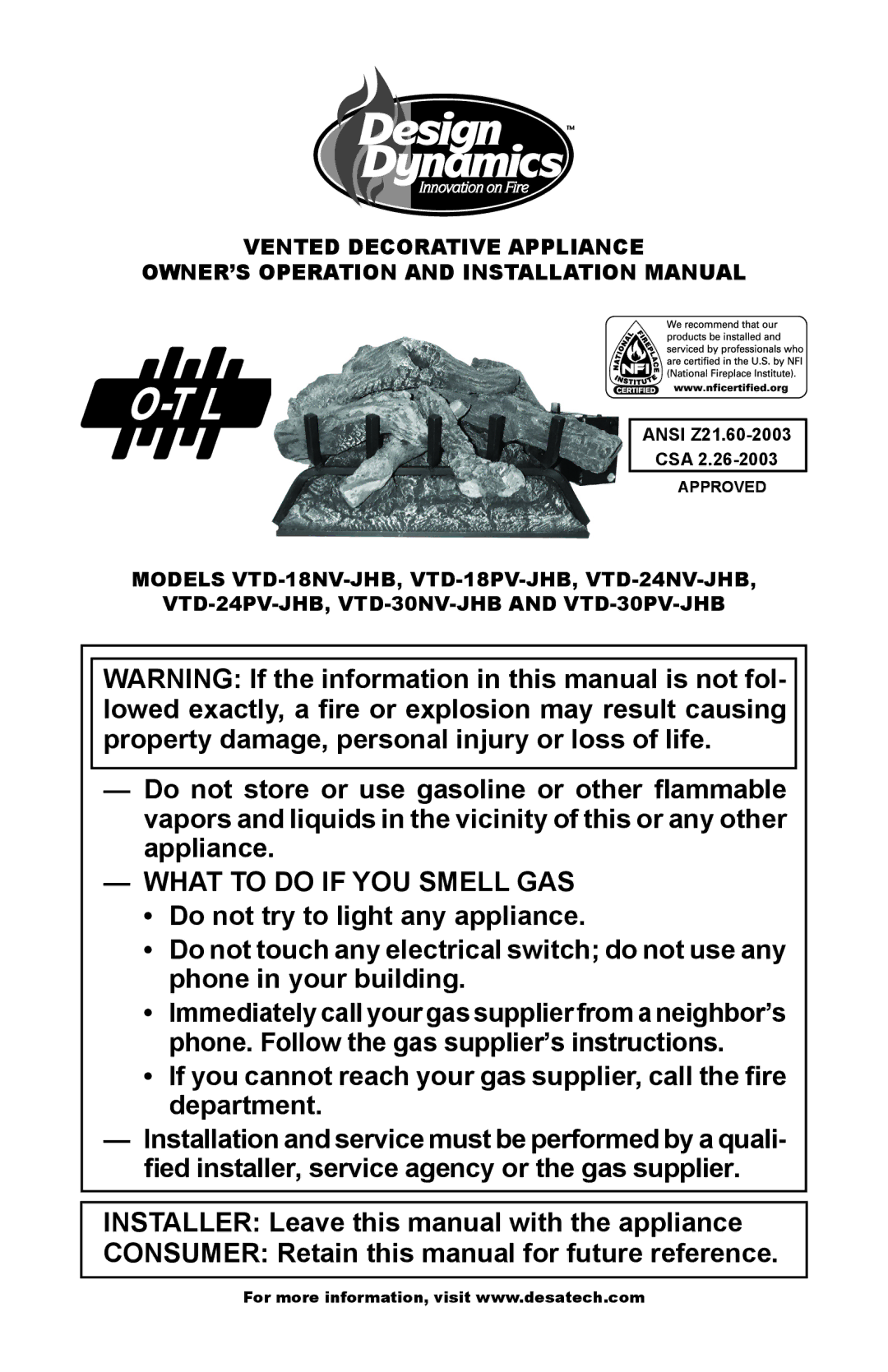 Desa VTD-30PV-JHB, VTD-30NV-JHB, VTD-24PV-JHB installation manual What to do if YOU Smell GAS, Ansi Z21.60-2003 CSA 