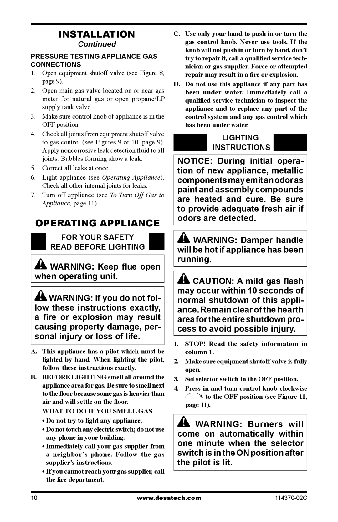 Desa VTD-18NV-JHB, VTD-30NV-JHB Operating Appliance, For Your Safety Read Before Lighting, Lighting Instructions 