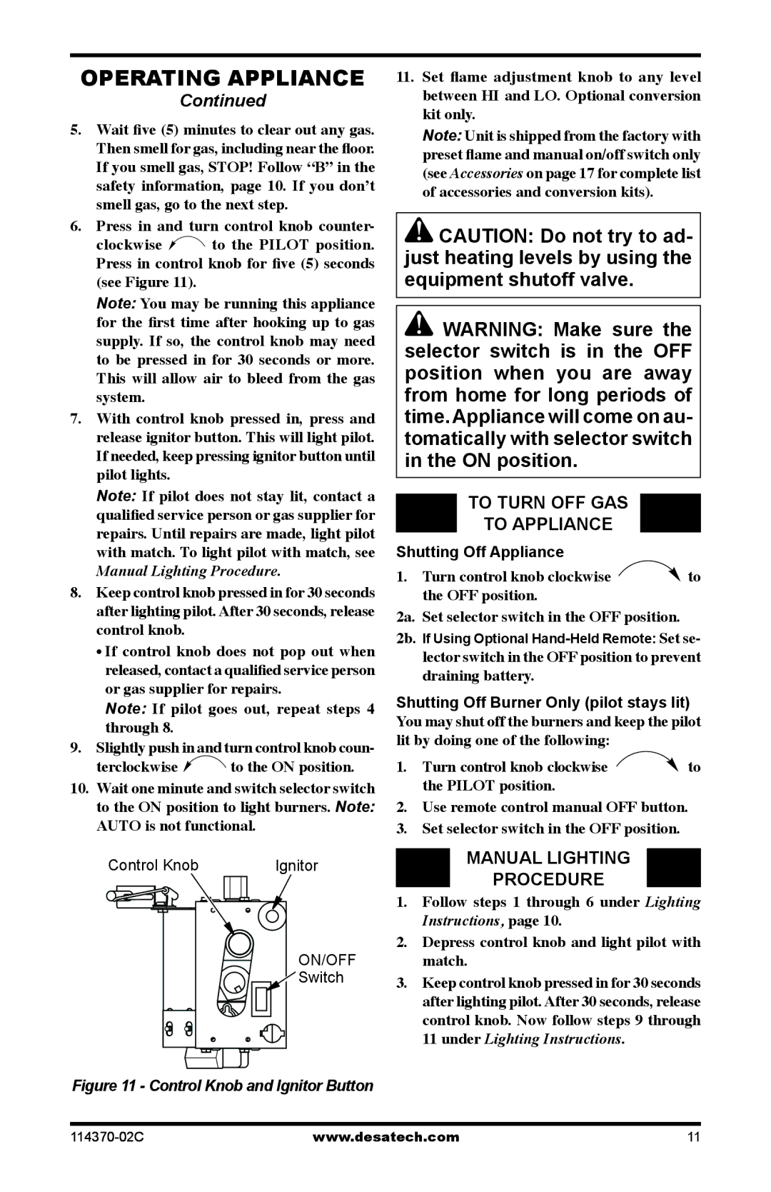 Desa VTD-18PV-JHB To Turn OFF GAS To Appliance, Manual Lighting Procedure, Control Knob Ignitor, Shutting Off Appliance 