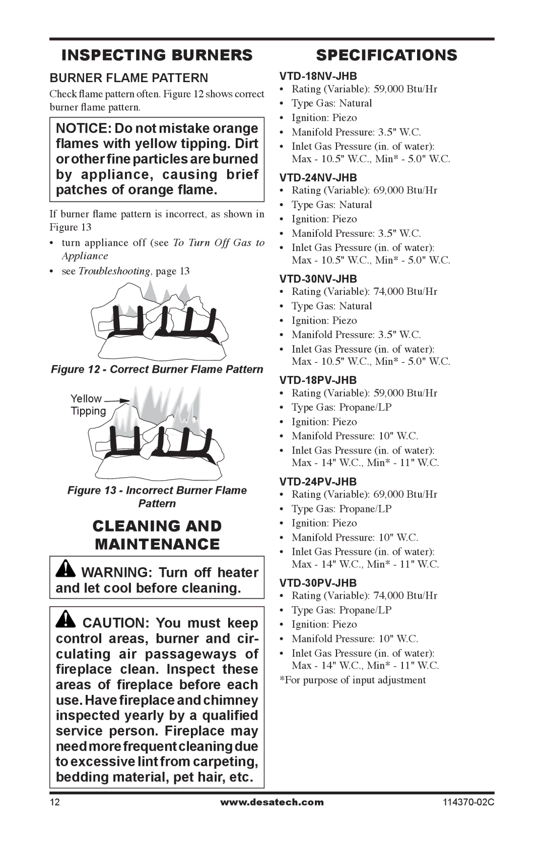 Desa VTD-30NV-JHB Inspecting Burners, Cleaning Maintenance Specifications, Burner Flame Pattern, Yellow Tipping 