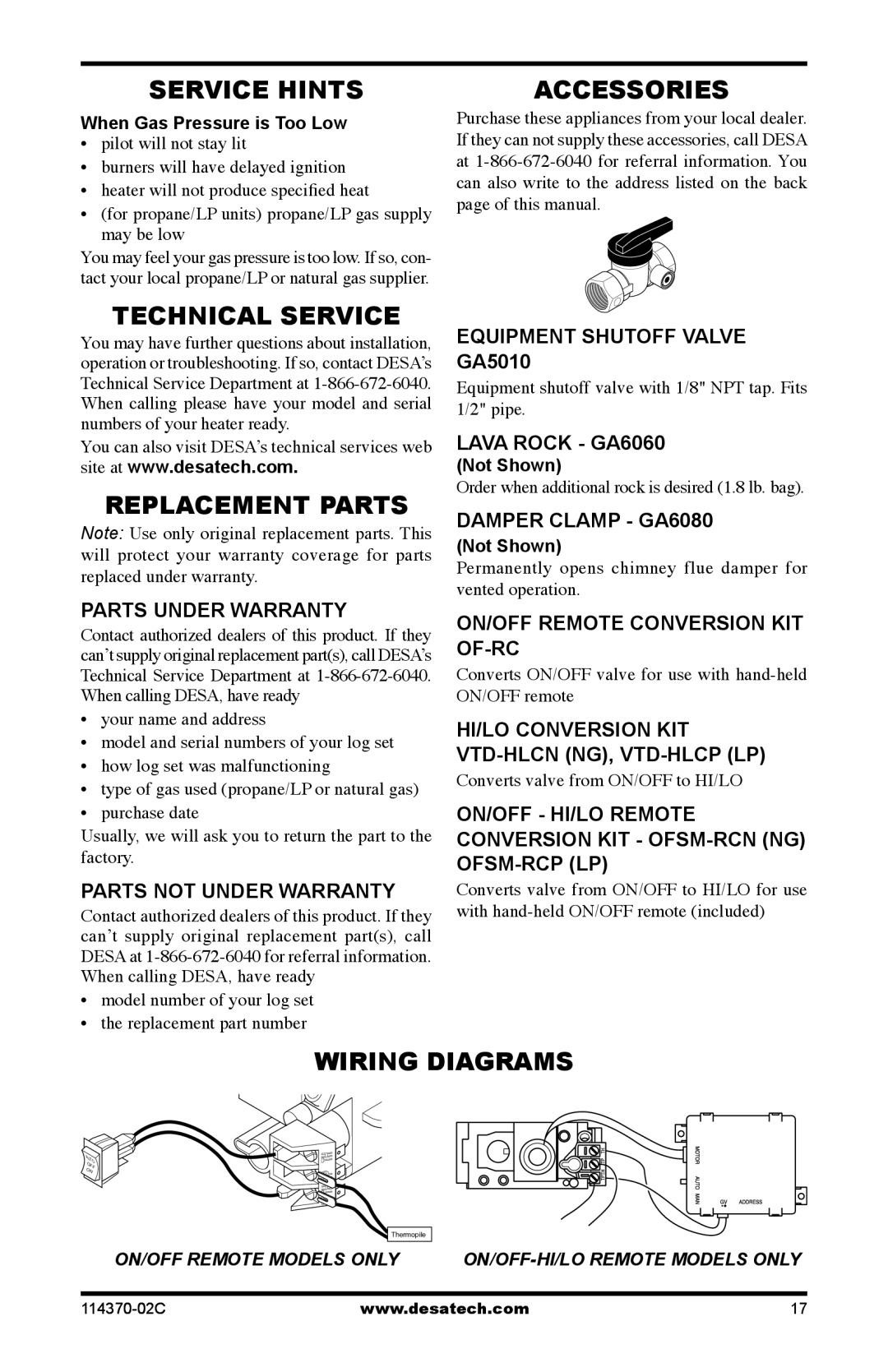 Desa VTD-18PV-JHB, VTD-30NV-JHB Service Hints, Technical Service, Replacement Parts, Accessories, Wiring Diagrams 