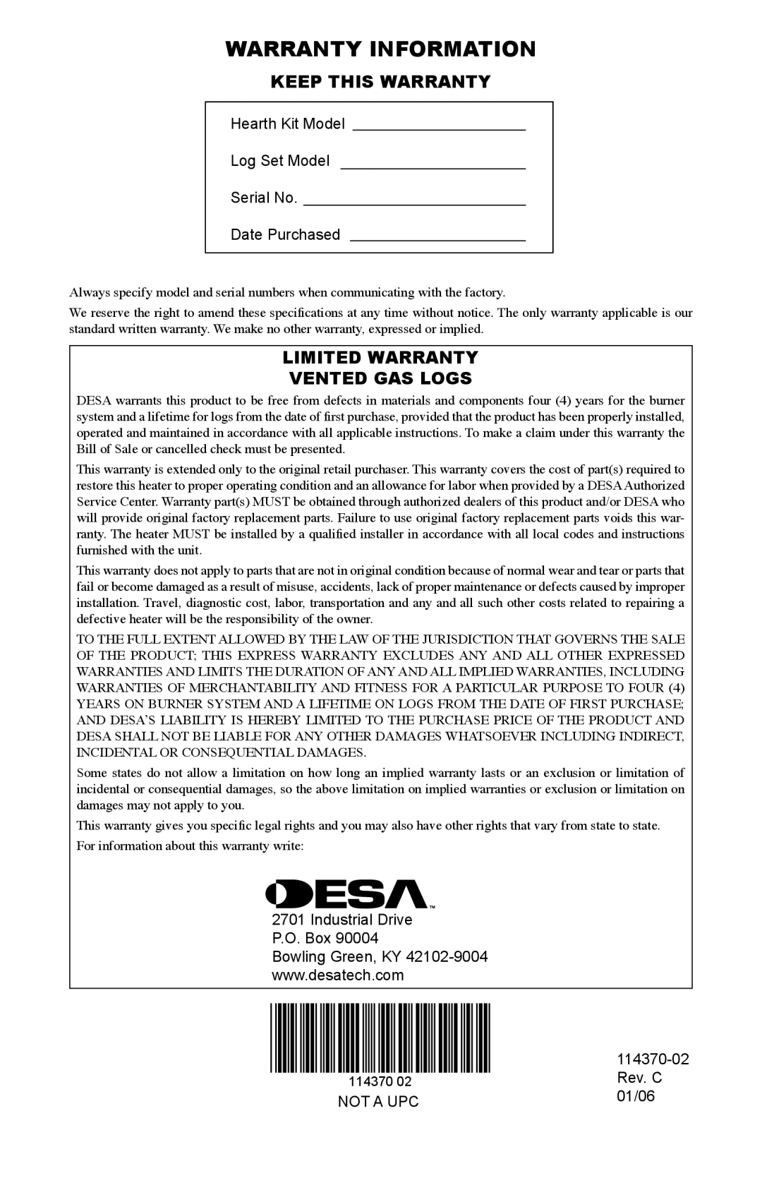 Desa VTD-24PV-JHB, VTD-30NV-JHB, VTD-30PV-JHB Warranty Information, Keep this Warranty, Limited Warranty Vented GAS Logs 