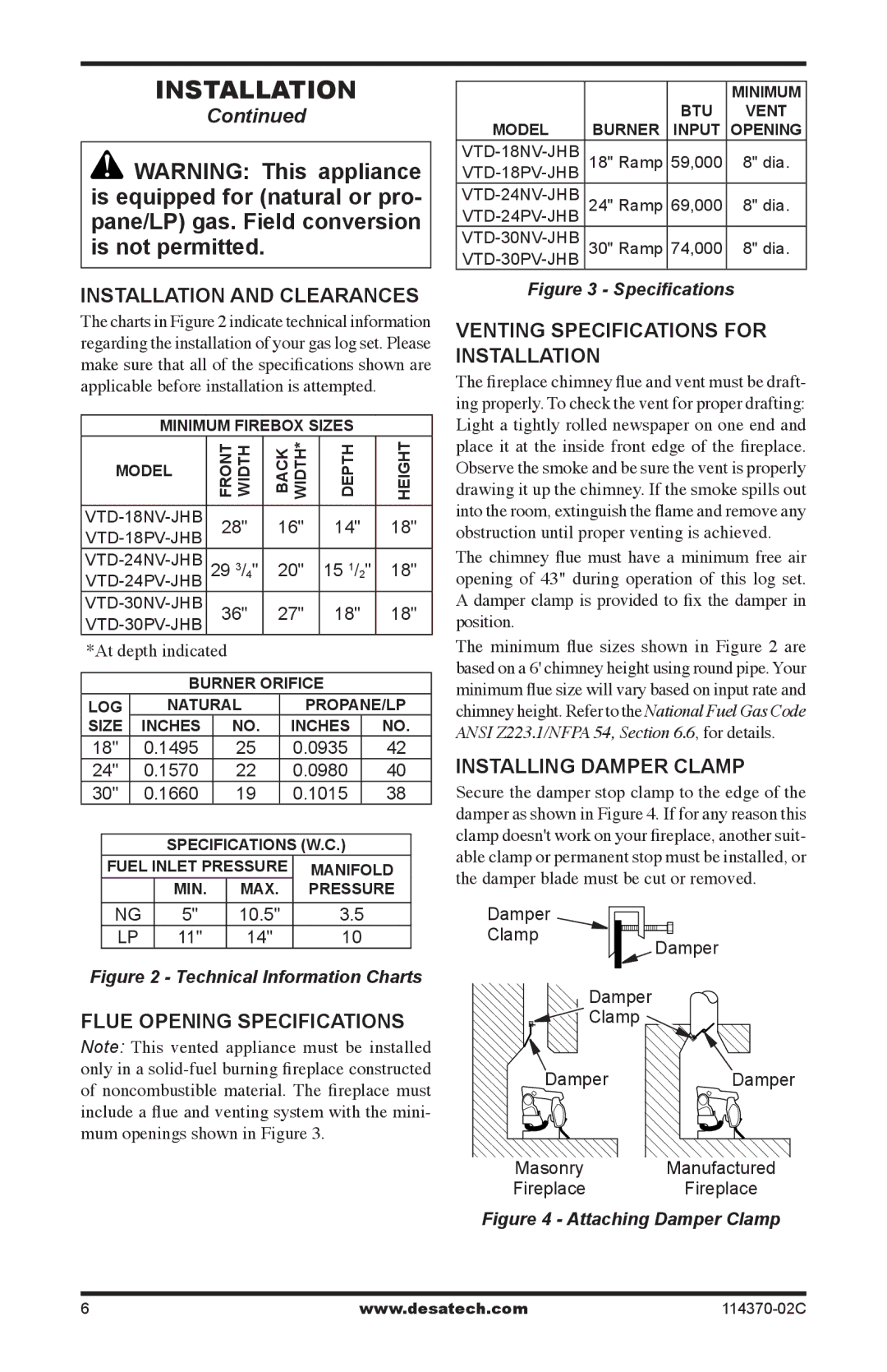 Desa VTD-30NV-JHB Installation and Clearances, Flue Opening Specifications, Venting Specifications for Installation 