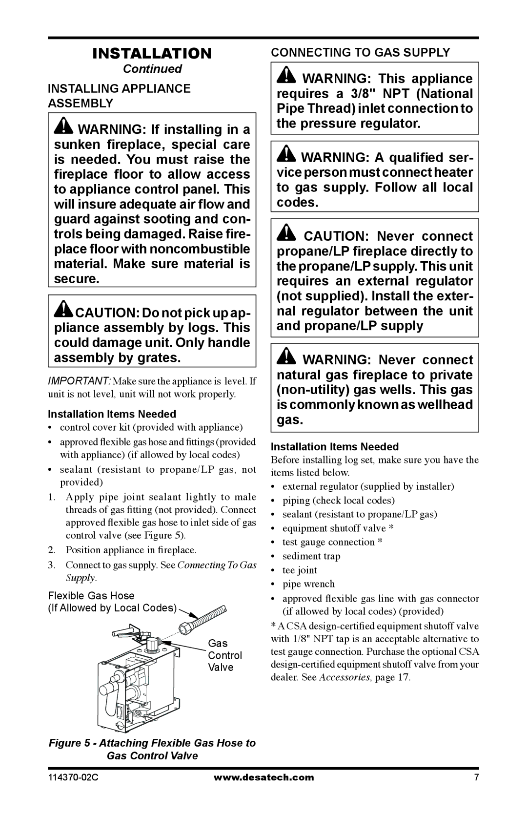 Desa VTD-30PV-JHB, VTD-30NV-JHB Installing Appliance Assembly, Connecting to GAS Supply, Installation Items Needed 