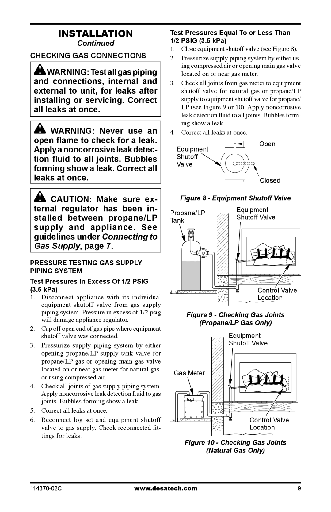 Desa VTD-24NV-JHB, VTD-30NV-JHB, VTD-30PV-JHB Checking GAS Connections, Test Pressures Equal To or Less Than Psig 3.5 kPa 