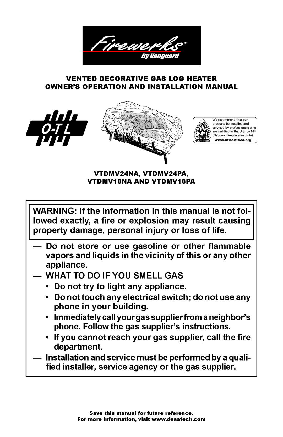 Desa installation manual What to do if YOU Smell GAS, VTDMV24NA, VTDMV24PA VTDMV18NA and VTDMV18PA 