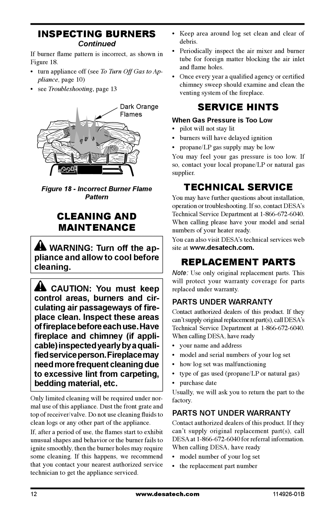 Desa VTDMV24PA, VTDMV24NA, VTDMV18PA, VTDMV18NA Cleaning Maintenance, Service Hints, Technical Service, Replacement Parts 