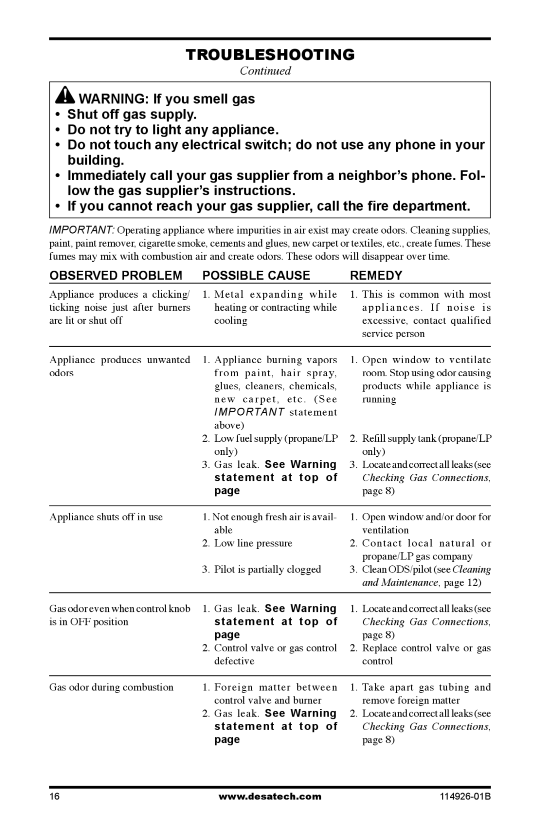 Desa VTDMV24PA, VTDMV24NA, VTDMV18PA, VTDMV18NA Statement at top, Gas leak. See Warning statement at top 