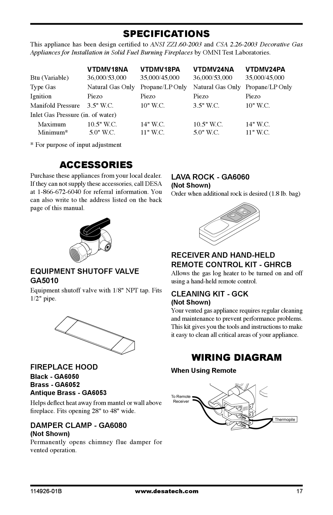 Desa VTDMV24NA, VTDMV24PA, VTDMV18PA, VTDMV18NA installation manual Specifications, Accessories, Wiring Diagram 