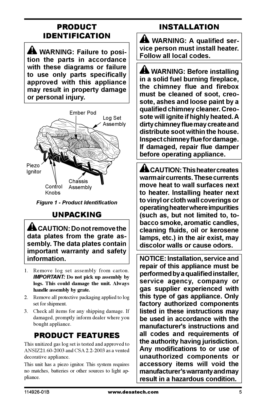 Desa VTDMV24NA, VTDMV24PA, VTDMV18PA, VTDMV18NA Product Identification, Unpacking, Product Features, Installation 