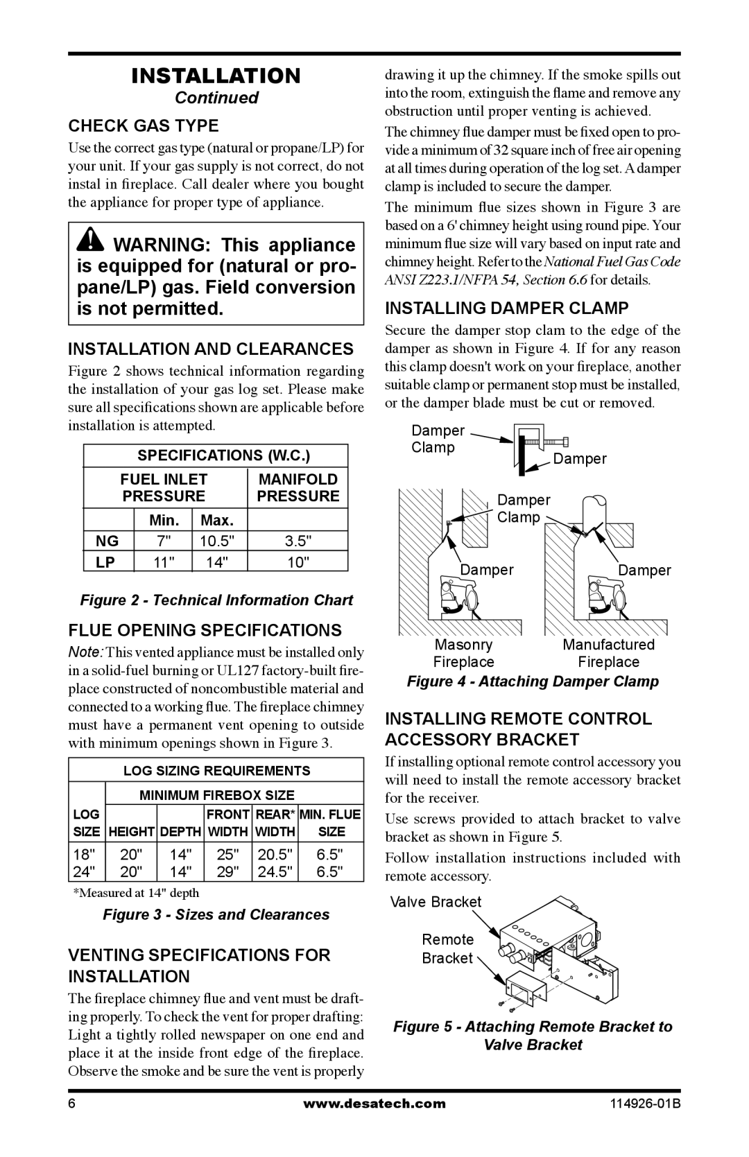 Desa VTDMV18PA Check GAS Type, Installation and Clearances, Flue Opening Specifications, Venting Specifications for 