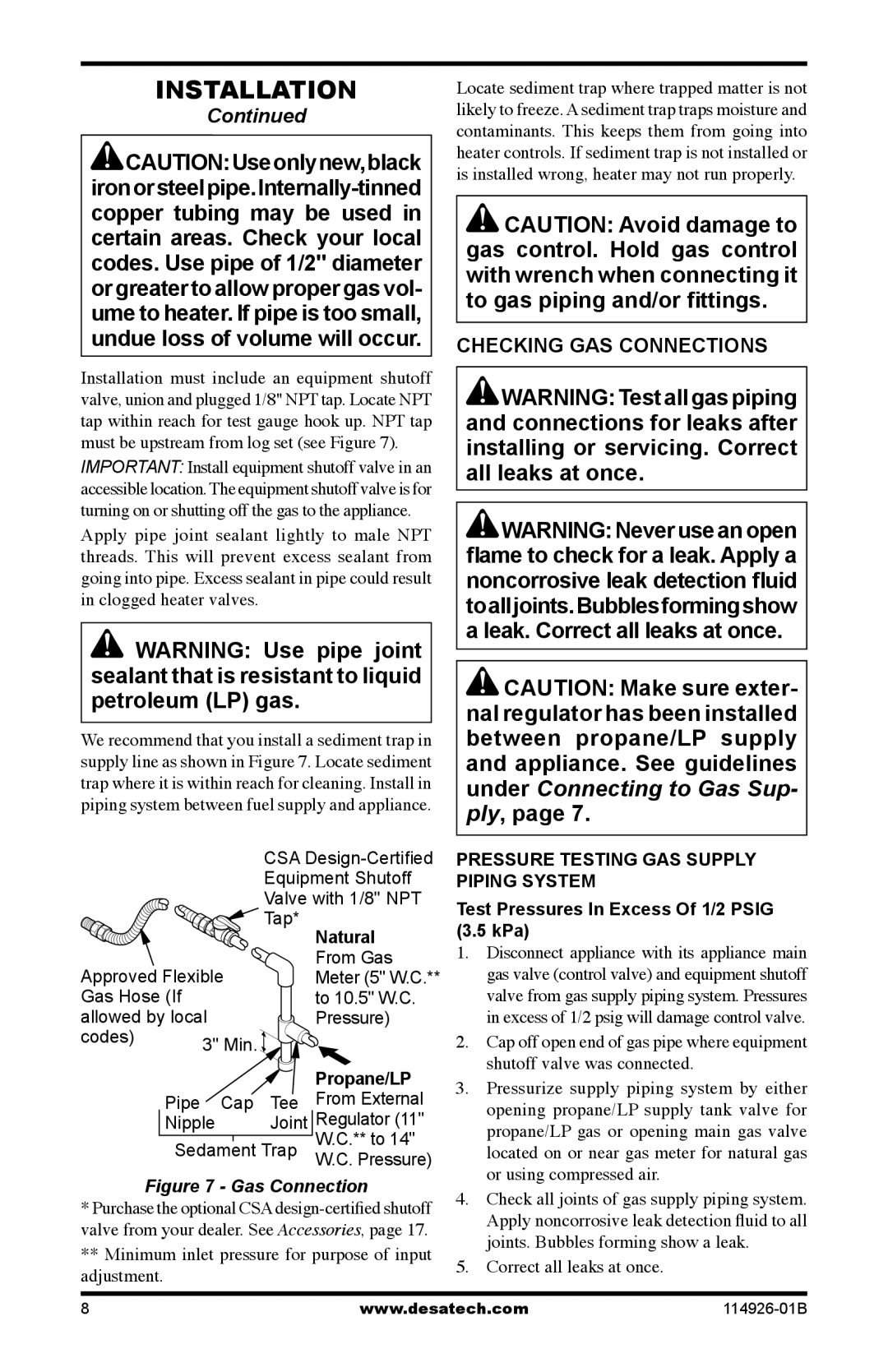 Desa VTDMV24PA, VTDMV24NA, VTDMV18PA, VTDMV18NA Checking GAS Connections, Test Pressures In Excess Of 1/2 Psig, Propane/LP 