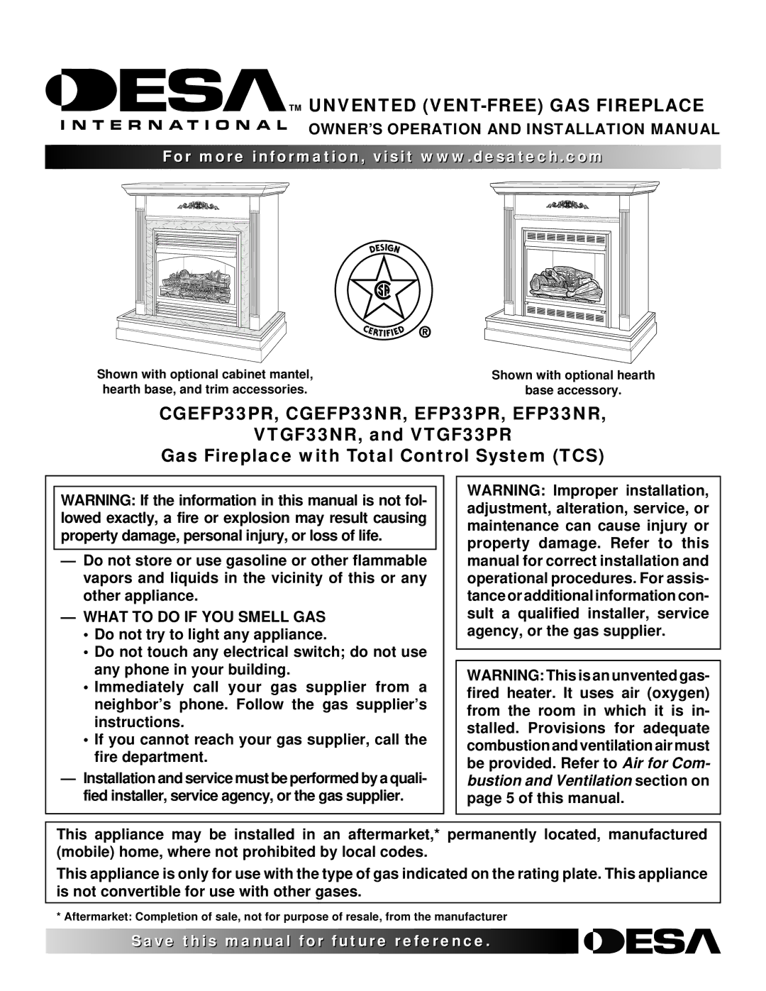 Desa VTGF33PR, VTGF33NR installation manual OWNER’S Operation and Installation Manual, What to do if YOU Smell GAS 