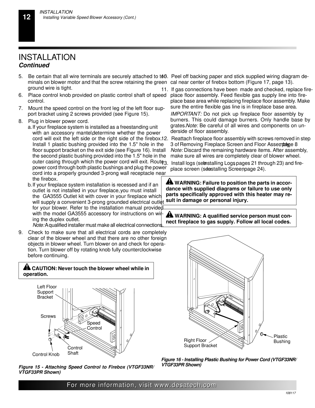 Desa CGEFP33PR installation manual Attaching Speed Control to Firebox VTGF33NR/ VTGF33PR Shown 