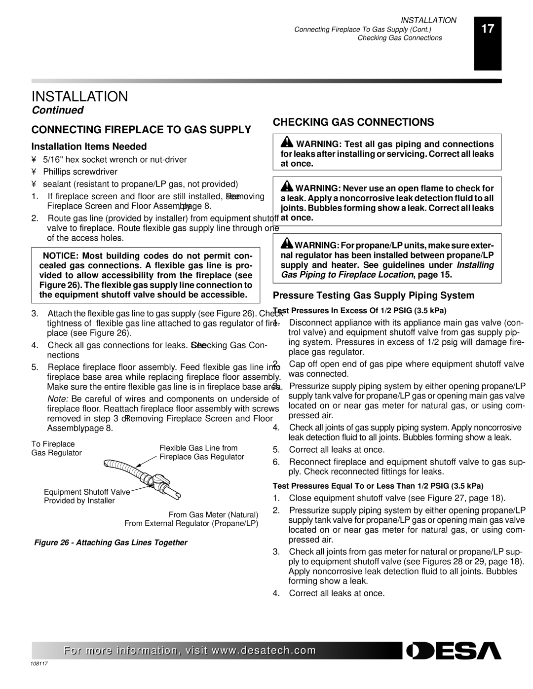 Desa CGEFP33PR, VTGF33NR, VTGF33PR Connecting Fireplace to GAS Supply, Checking GAS Connections, Installation Items Needed 