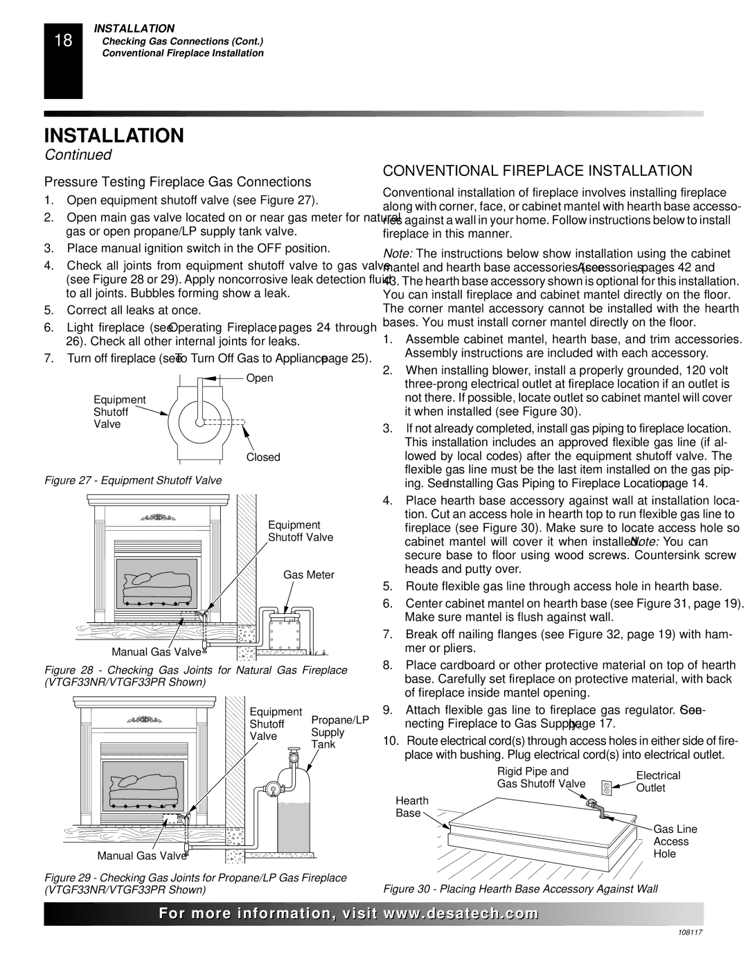 Desa VTGF33NR, VTGF33PR, CGEFP33PR Conventional Fireplace Installation, Pressure Testing Fireplace Gas Connections 