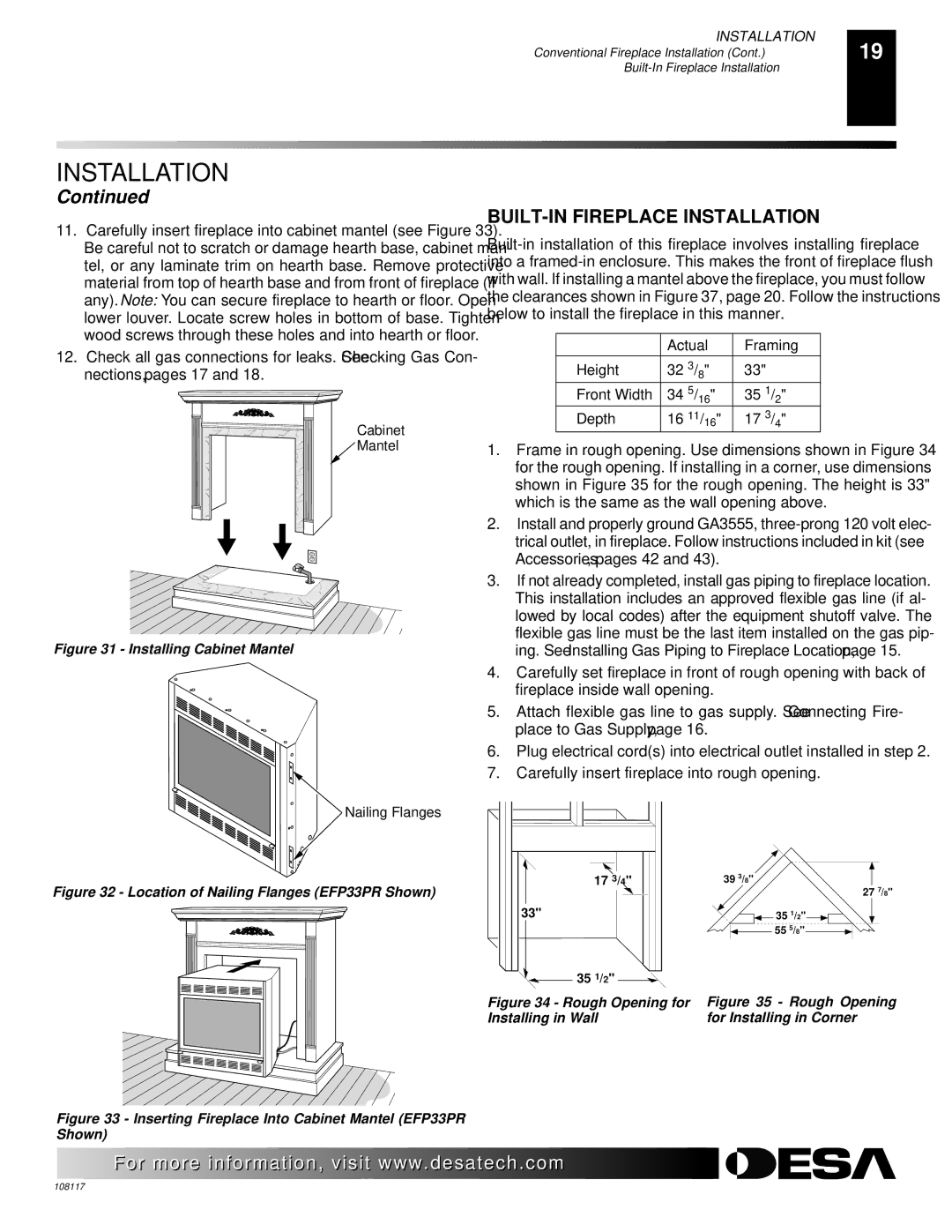 Desa VTGF33PR, VTGF33NR, CGEFP33PR installation manual BUILT-IN Fireplace Installation, Installing Cabinet Mantel 