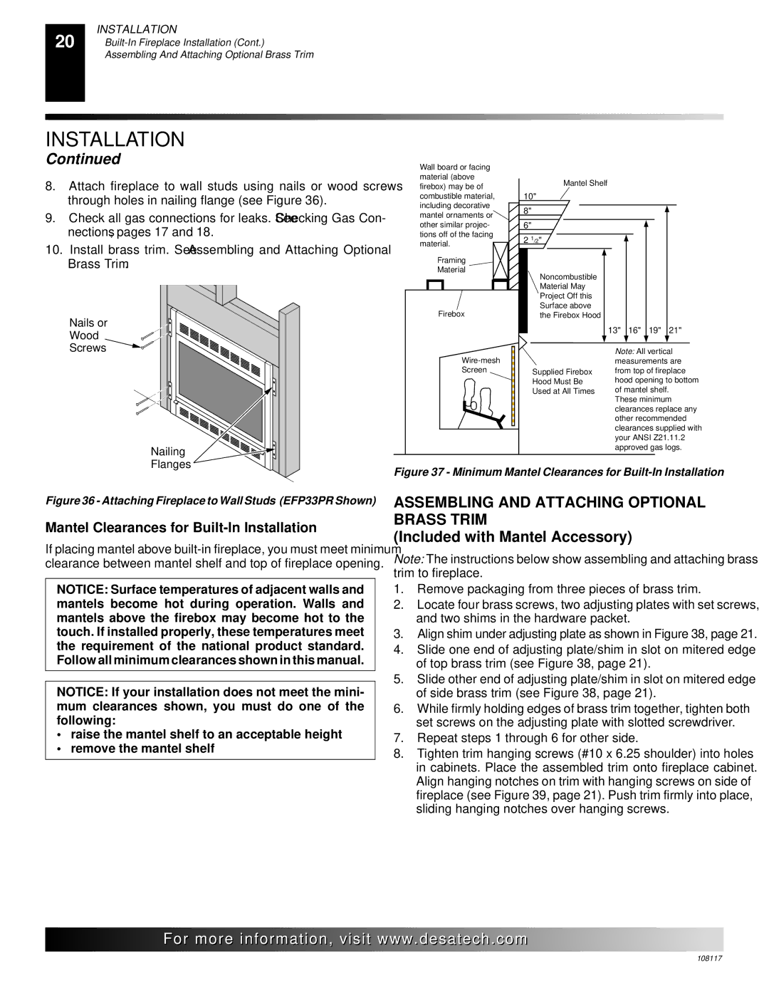 Desa CGEFP33PR, VTGF33NR Assembling and Attaching Optional Brass Trim, Mantel Clearances for Built-In Installation 