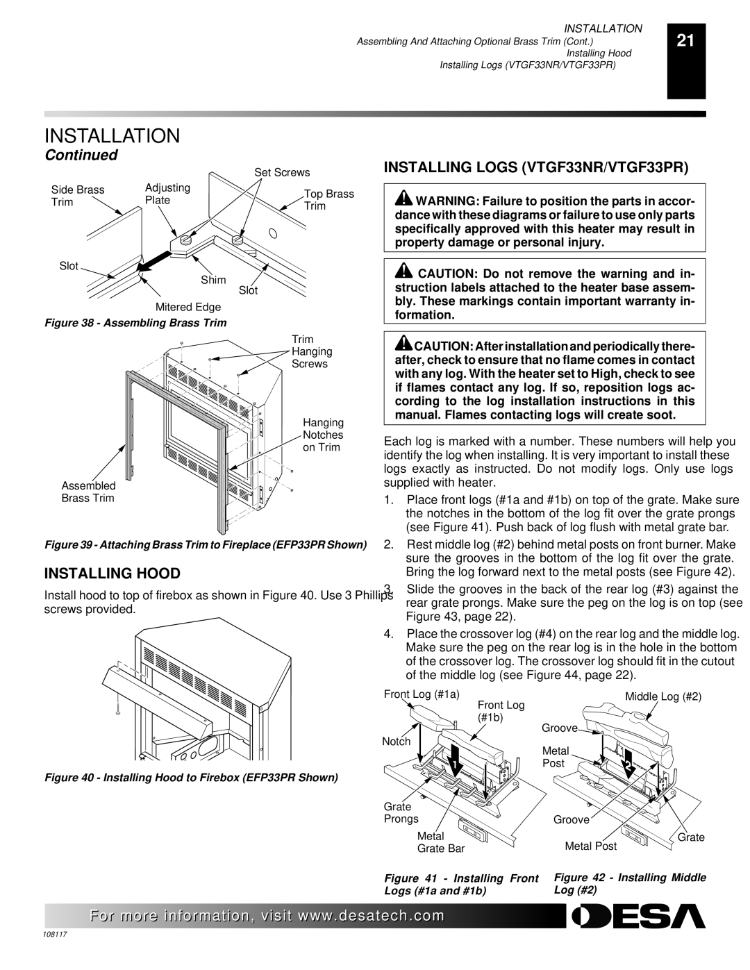 Desa CGEFP33PR installation manual Installing Logs VTGF33NR/VTGF33PR, Installing Hood 