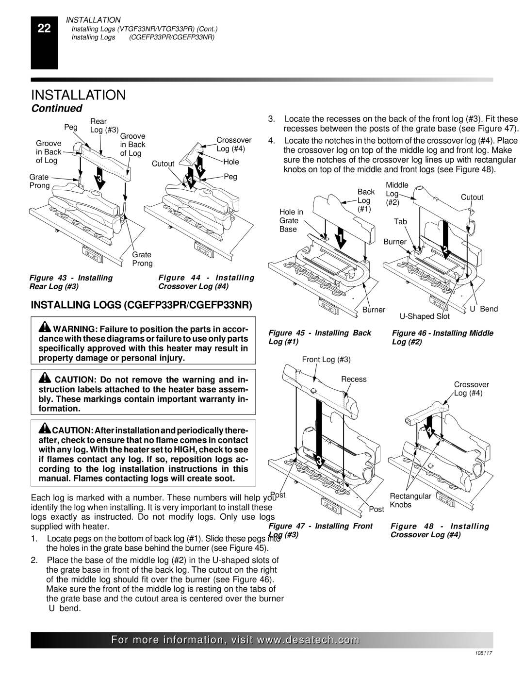 Desa VTGF33PR, VTGF33NR installation manual Installing Logs CGEFP33PR/CGEFP33NR 