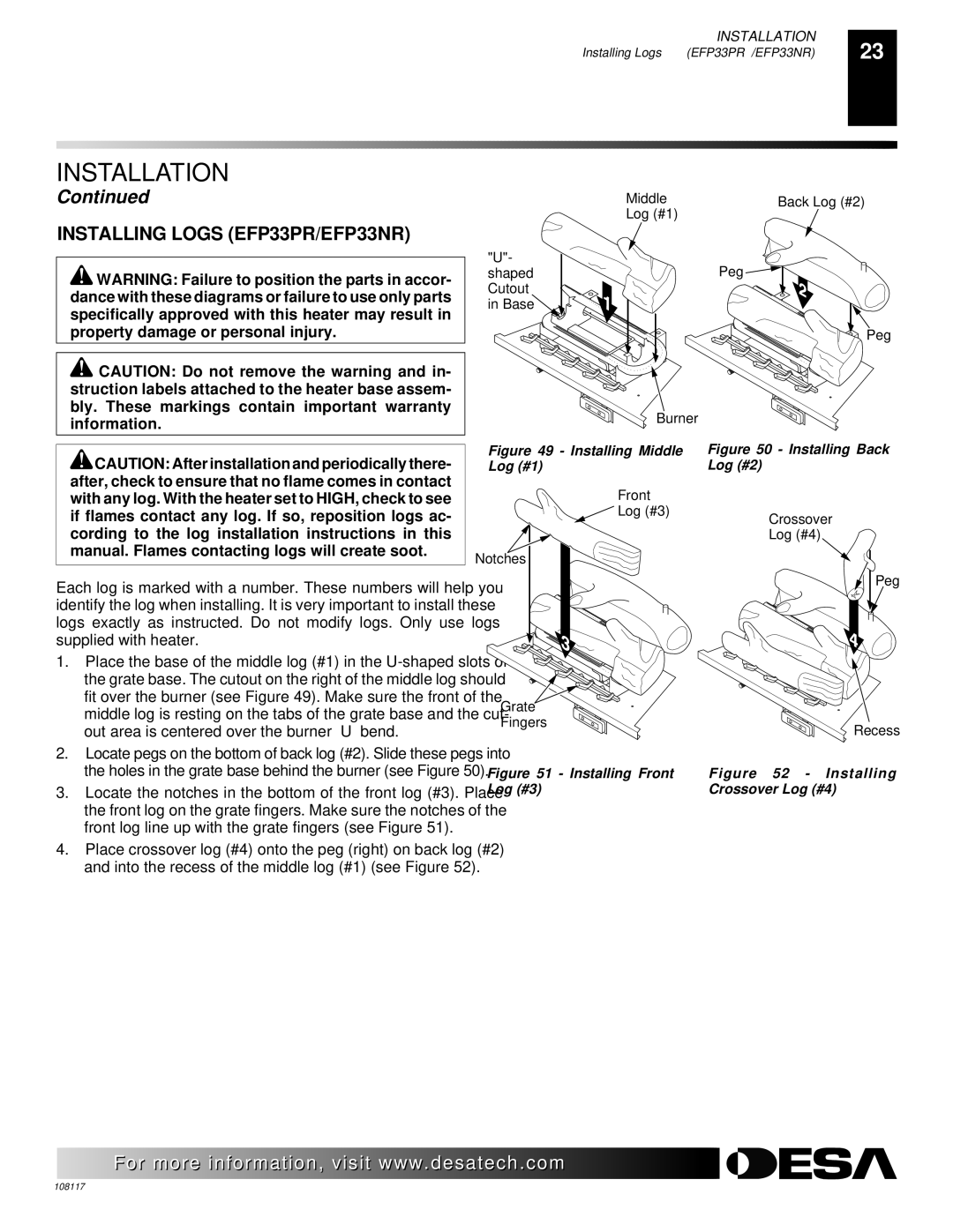 Desa CGEFP33PR, VTGF33NR, VTGF33PR installation manual Installing Logs EFP33PR/EFP33NR 