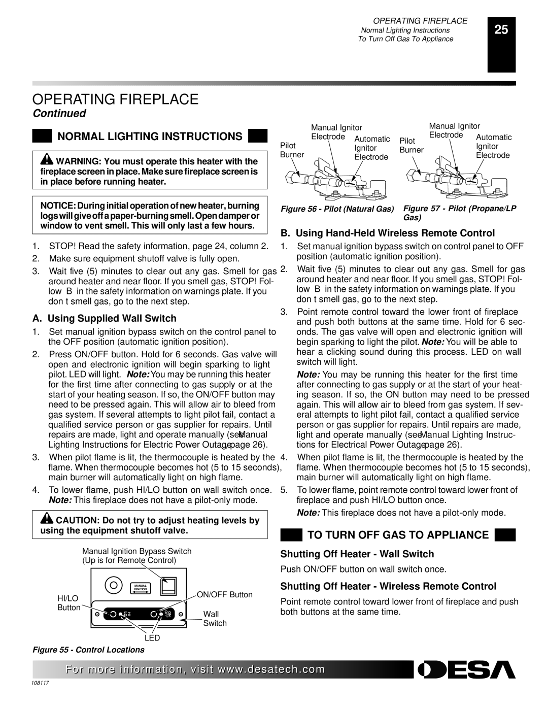 Desa VTGF33PR, VTGF33NR, CGEFP33PR installation manual Normal Lighting Instructions, To Turn OFF GAS to Appliance 