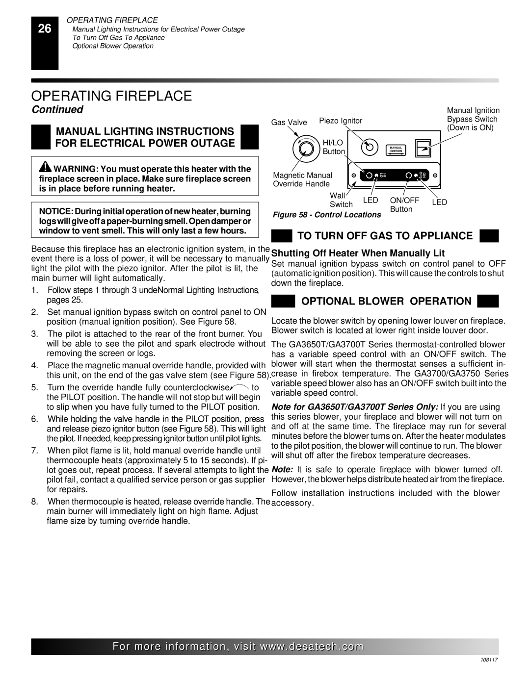 Desa CGEFP33PR, VTGF33NR, VTGF33PR Manual Lighting Instructions for Electrical Power Outage, Optional Blower Operation 