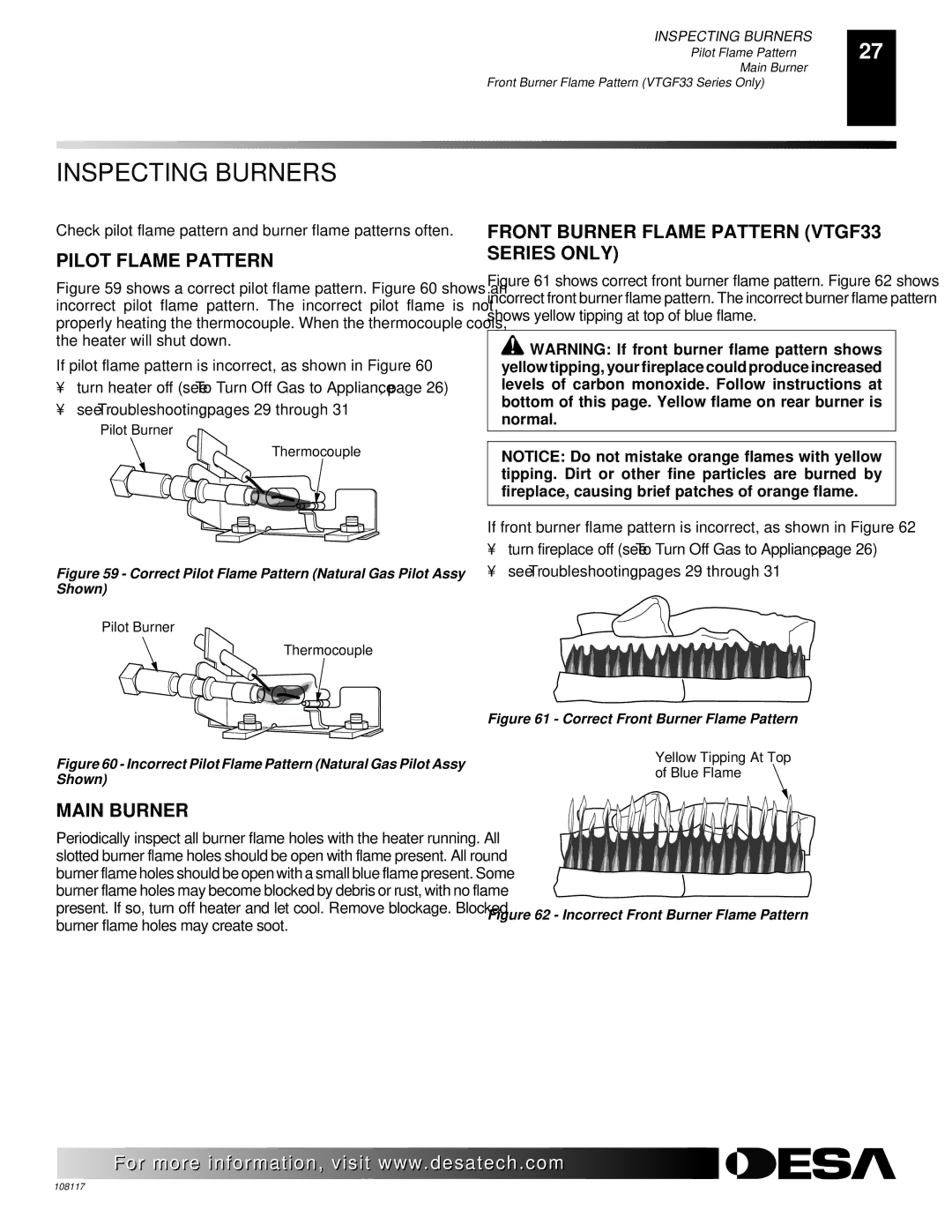 Desa VTGF33NR Inspecting Burners, Pilot Flame Pattern, Front Burner Flame Pattern VTGF33 Series only, Main Burner 