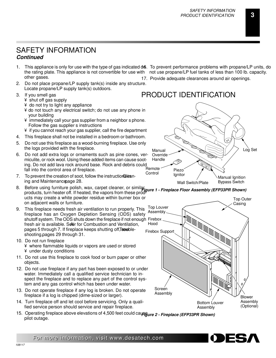 Desa VTGF33NR, VTGF33PR, CGEFP33PR installation manual Product Identification, Fireplace Floor Assembly EFP33PR Shown 