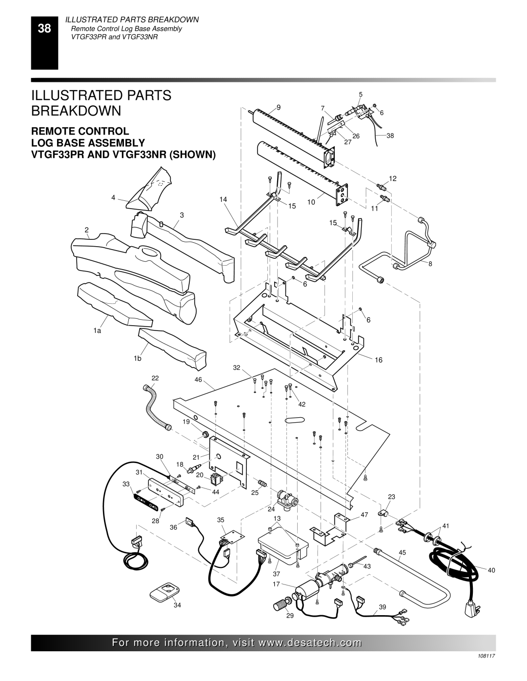 Desa CGEFP33PR installation manual Remote Control LOG Base Assembly VTGF33PR and VTGF33NR Shown 