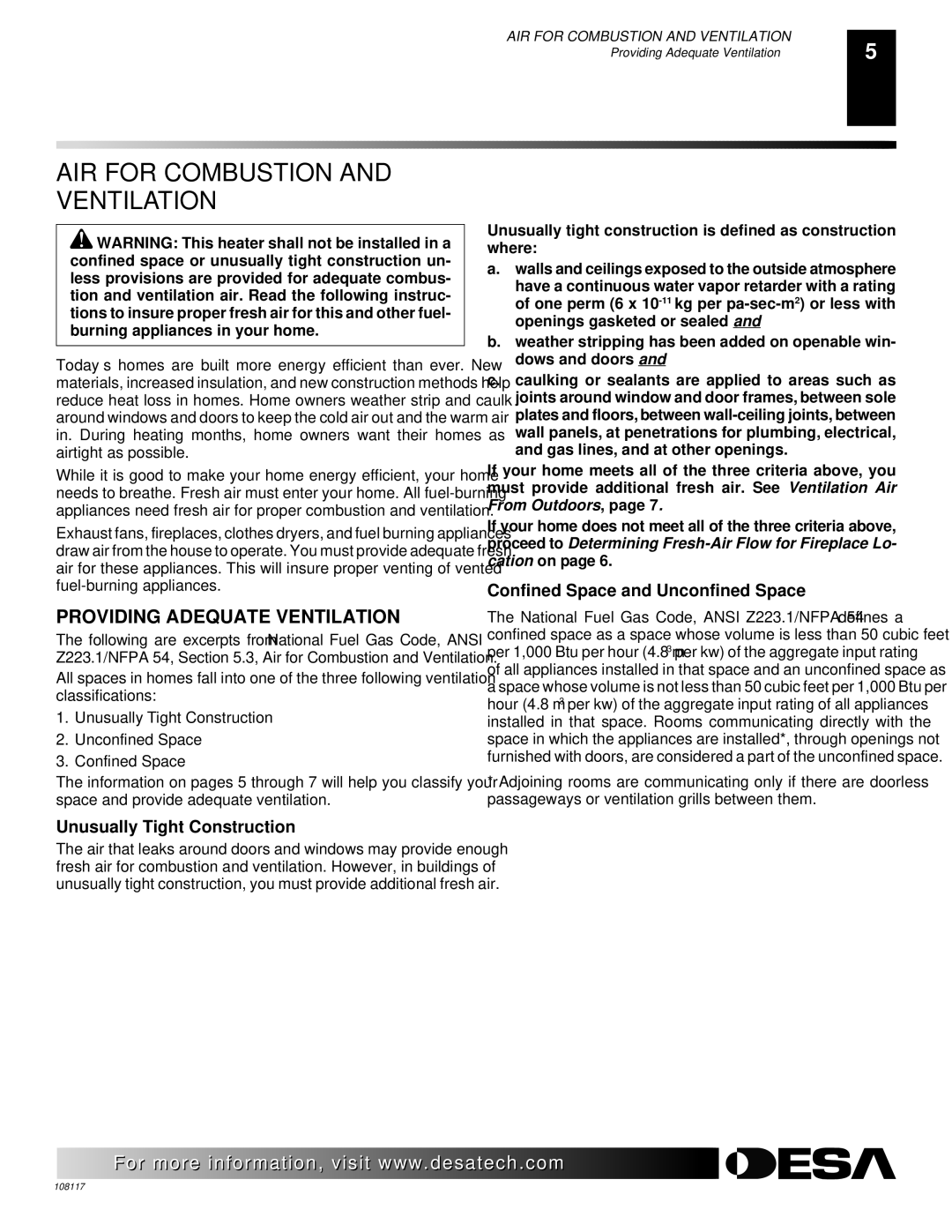 Desa CGEFP33PR, VTGF33NR AIR for Combustion and Ventilation, Providing Adequate Ventilation, Unusually Tight Construction 