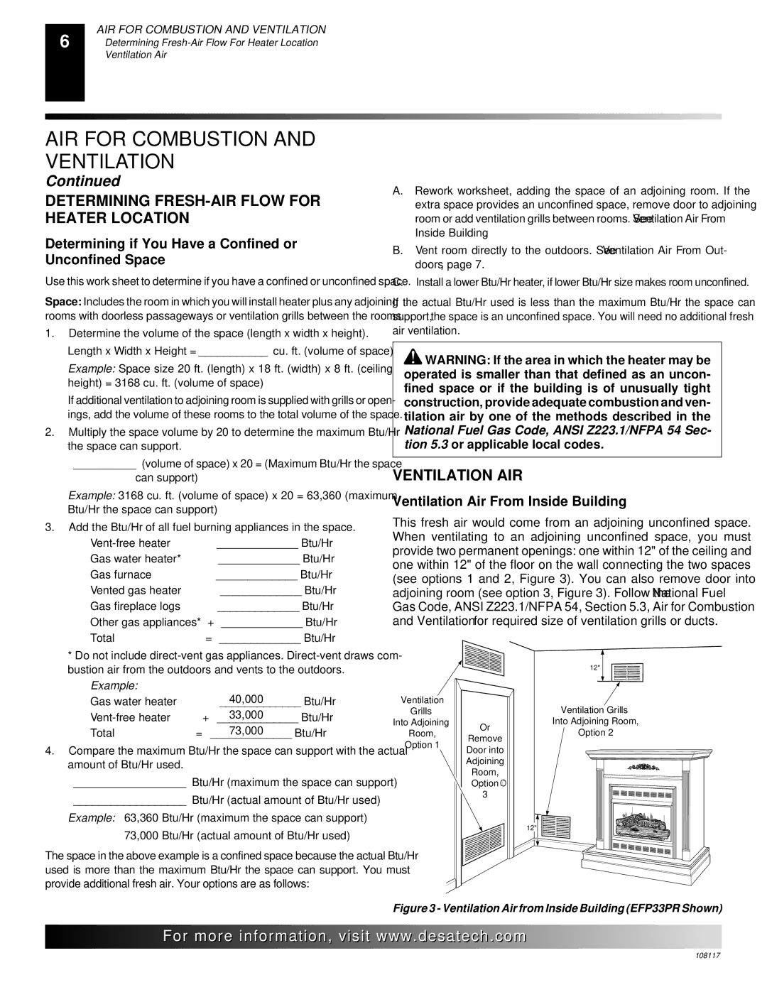 Desa VTGF33NR Determining FRESH-AIR Flow for Heater Location, Ventilation AIR, Ventilation Air From Inside Building 