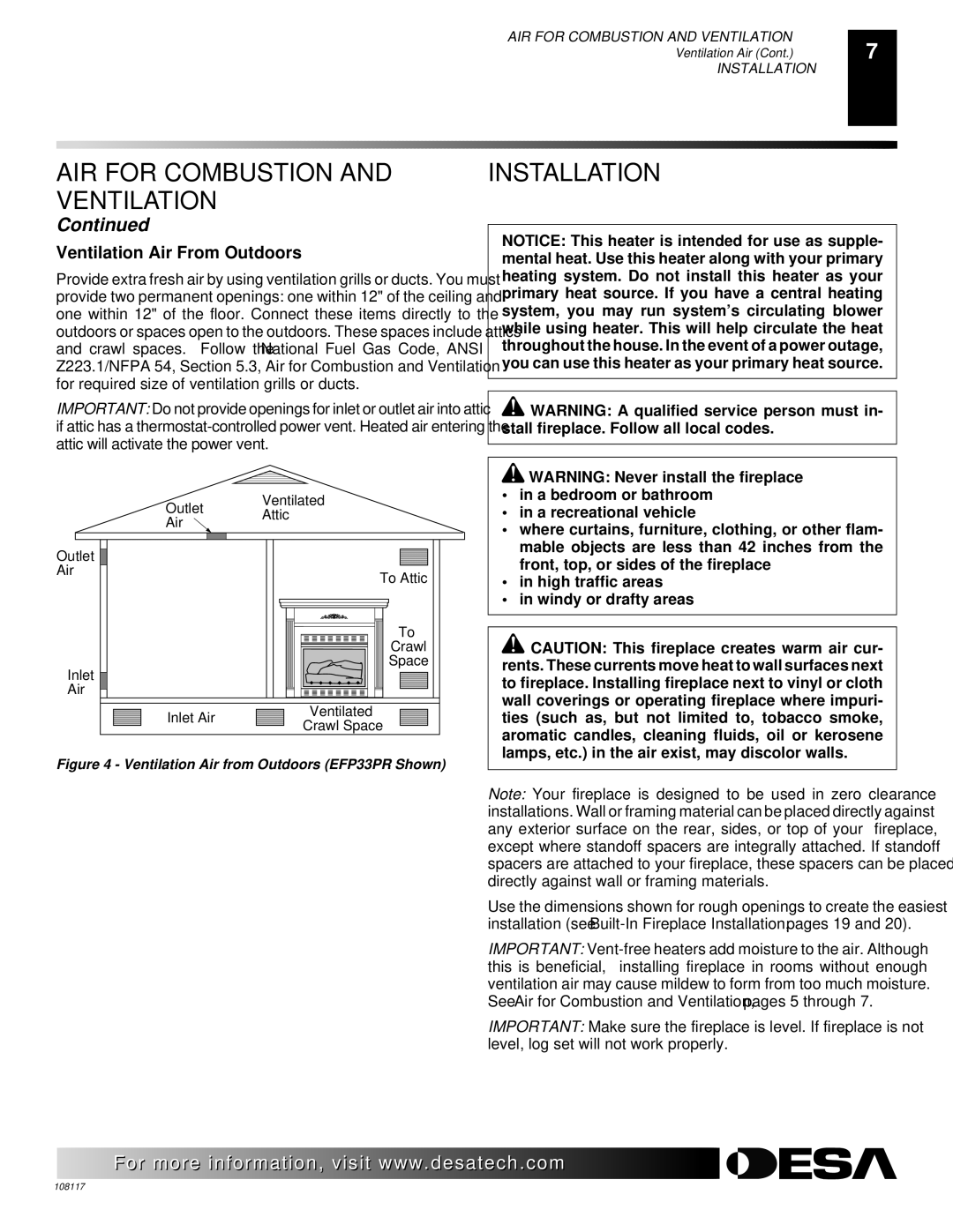 Desa VTGF33PR, VTGF33NR, CGEFP33PR installation manual Installation, Ventilation Air From Outdoors 