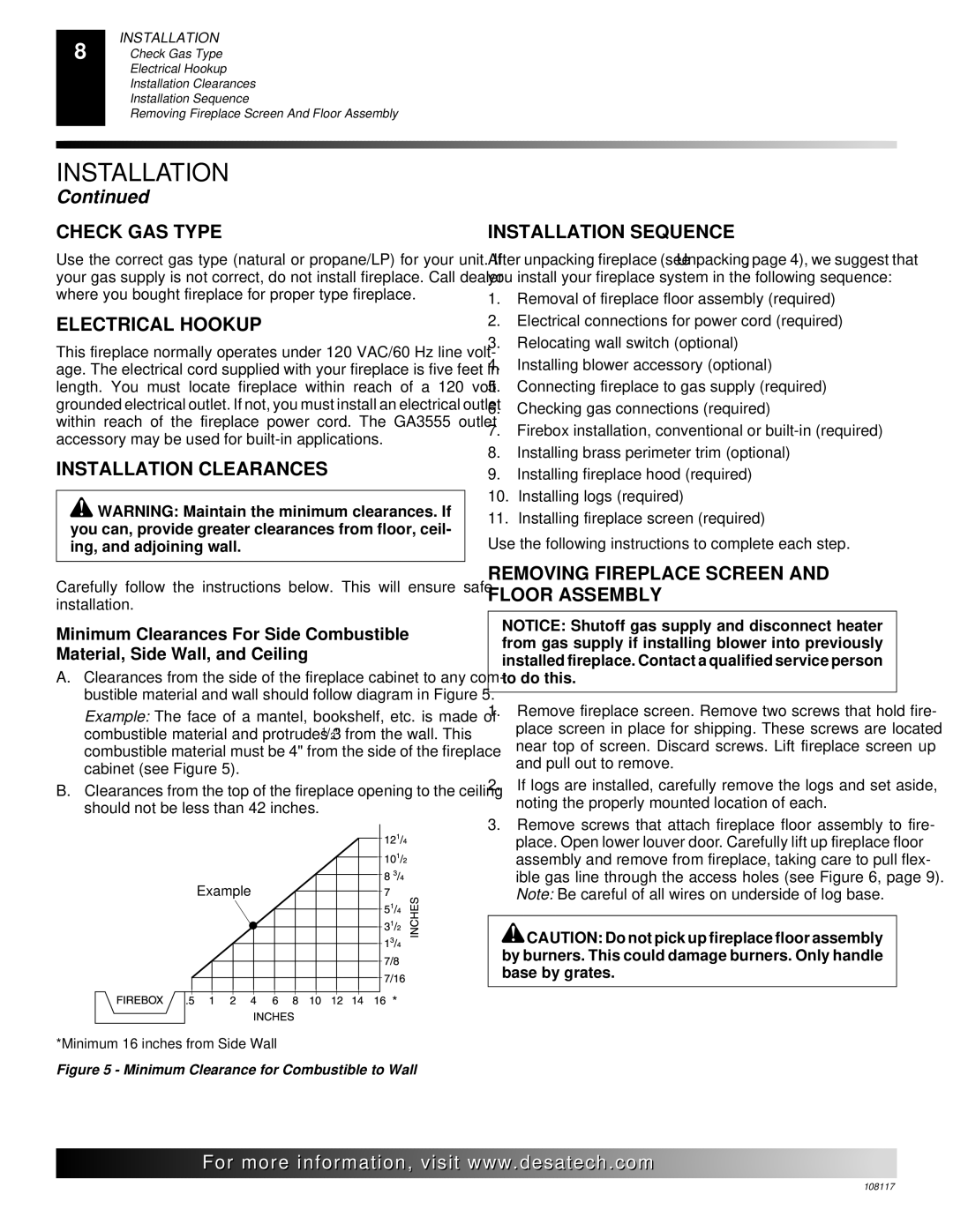 Desa CGEFP33PR, VTGF33NR, VTGF33PR Check GAS Type, Electrical Hookup, Installation Clearances, Installation Sequence 