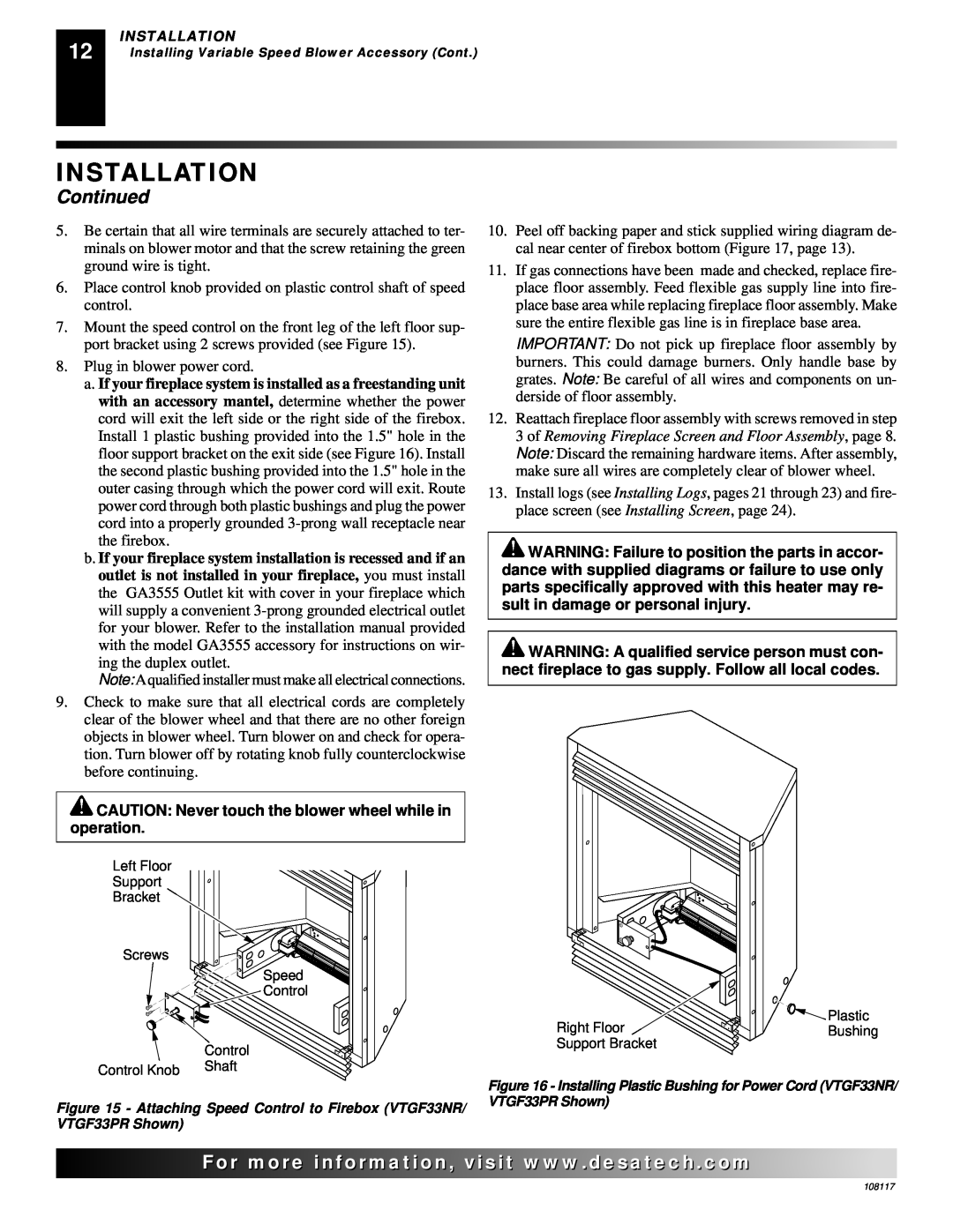 Desa VTGF33NR, VTGF33PR, CGEFP33PR installation manual Installation, Continued, Plug in blower power cord 