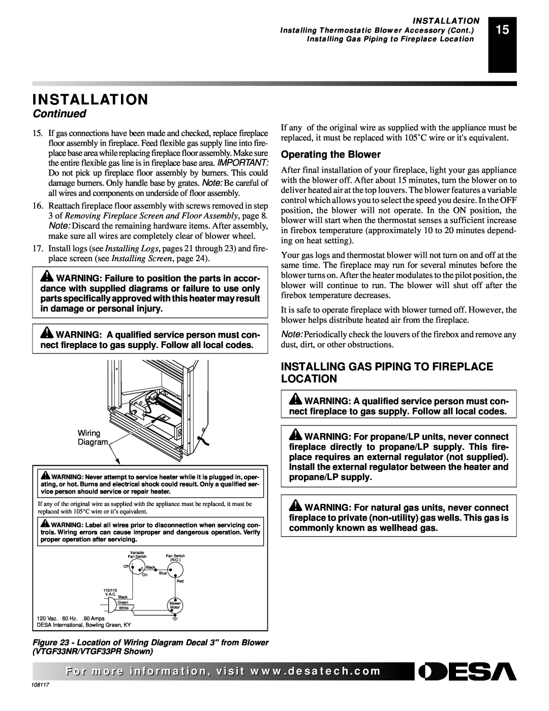 Desa VTGF33NR, VTGF33PR, CGEFP33PR installation manual Installing Gas Piping To Fireplace Location, Installation, Continued 