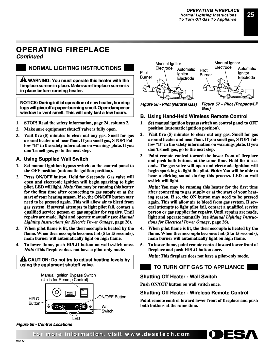 Desa VTGF33PR, VTGF33NR Normal Lighting Instructions, To Turn Off Gas To Appliance, Operating Fireplace, Continued 