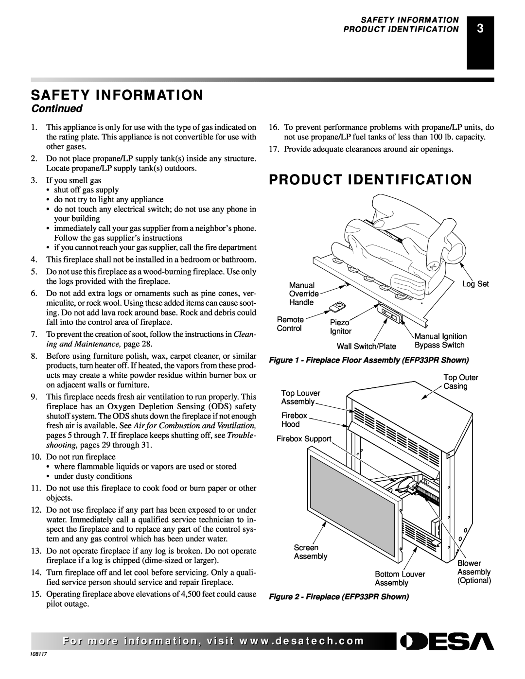 Desa VTGF33NR, VTGF33PR, CGEFP33PR installation manual Product Identification, Continued, Safety Information 